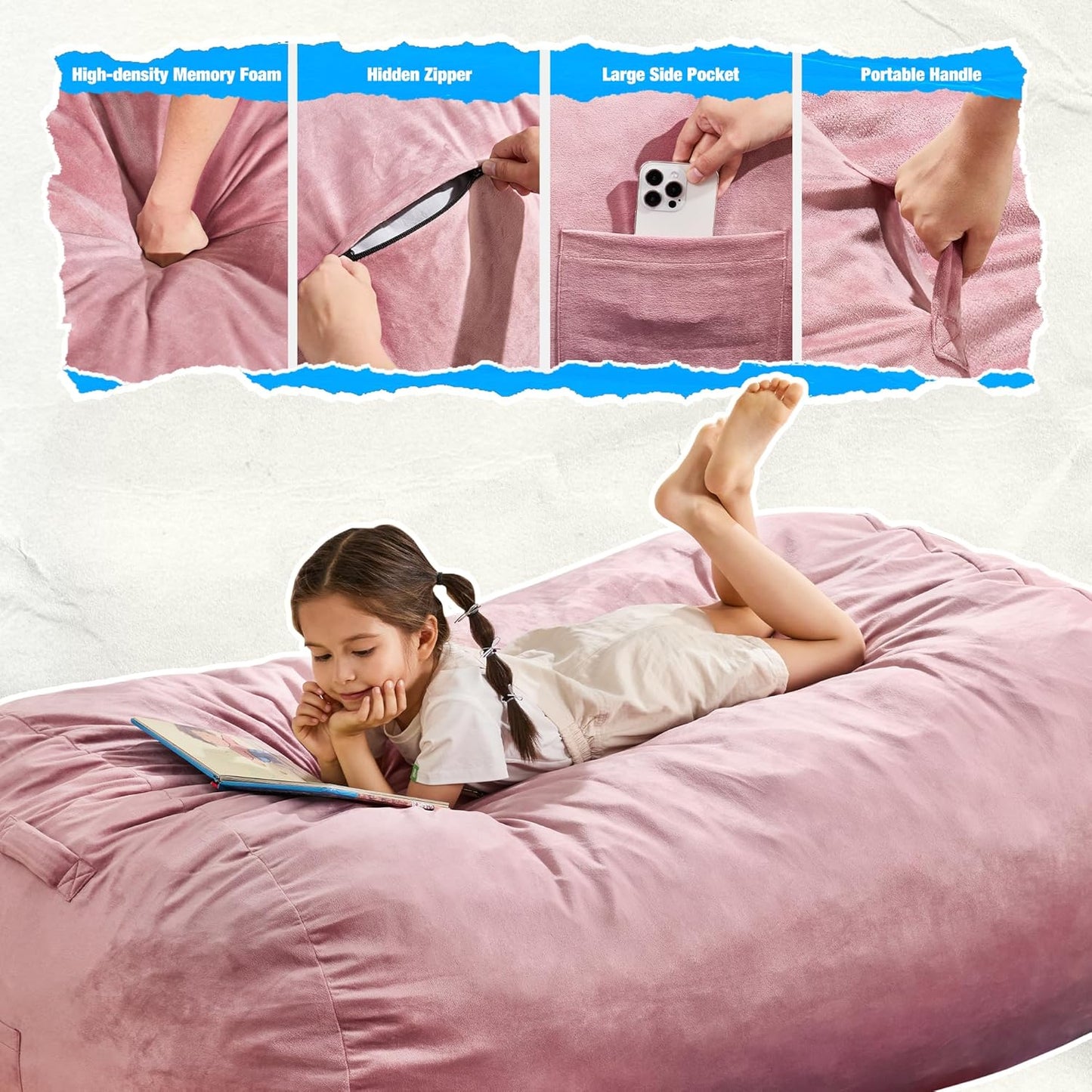 Hobestluk 4FT Bean Bag Chair Large Beanbag with Removable Cover Adult Bean Bag Chair with Portable Handle Desgin for Living Room Bedroom (Pink, 4FT)