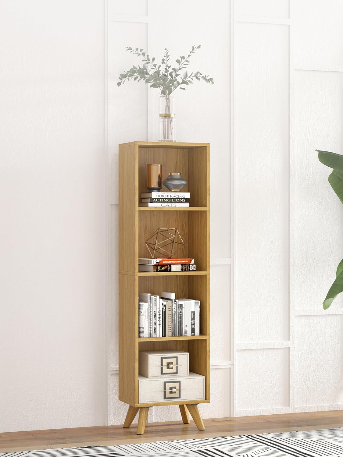 Manora Small Bookcase with 4 Open Shelves, Modern Bookshelf with Wooden Legs, Narrow Storage Organizer for Living Room, Bedroom, Office, Oak