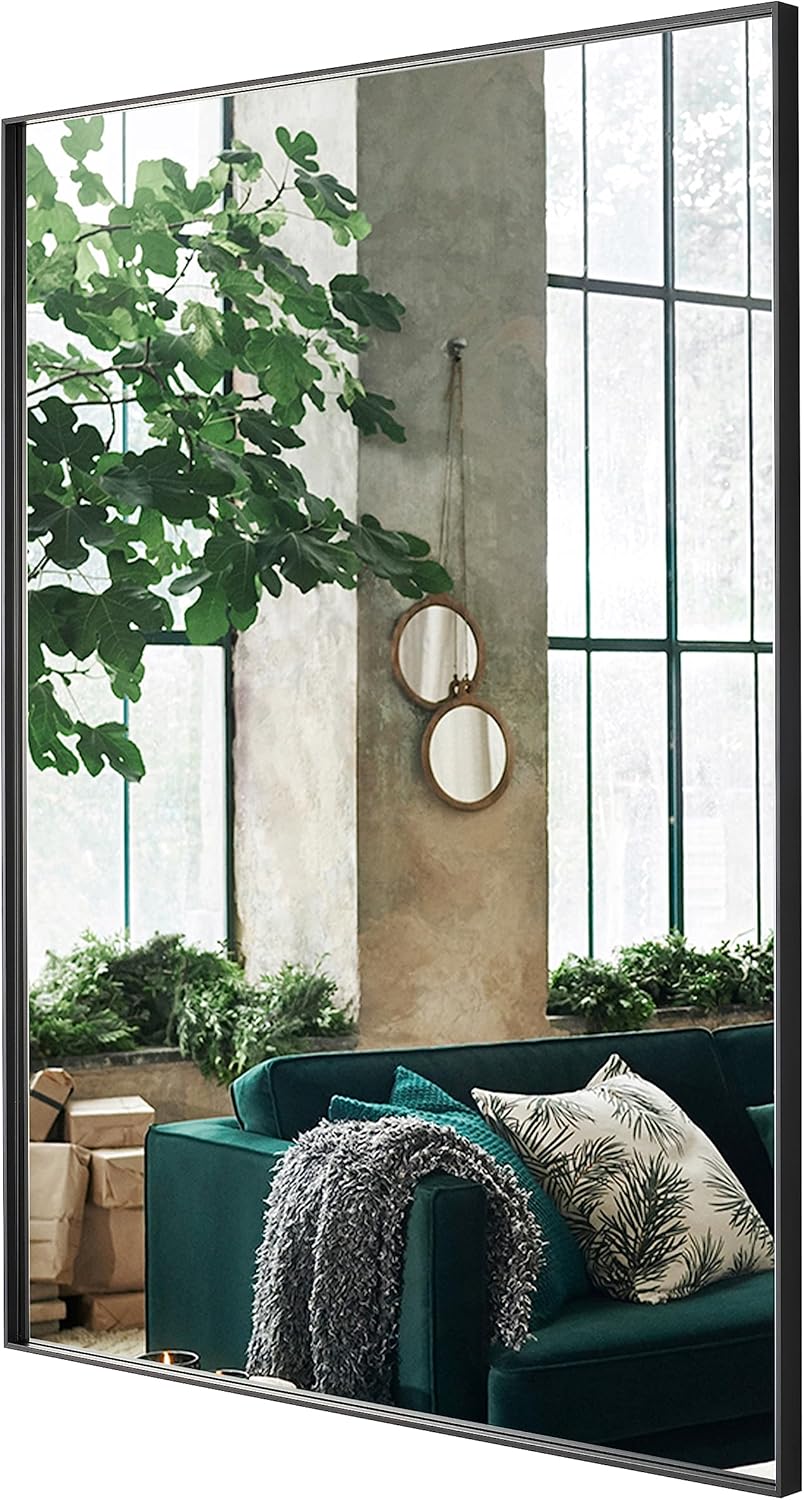 30x40 Inch Black Bathroom Mirror, Copper-Free Mirror, Aluminum Alloy Frame Vanity Mirror, Rectangle Wall Mounted Mirror, Modern Mirror for Bedroom/Living Room/Porch Horizontal or Vertical