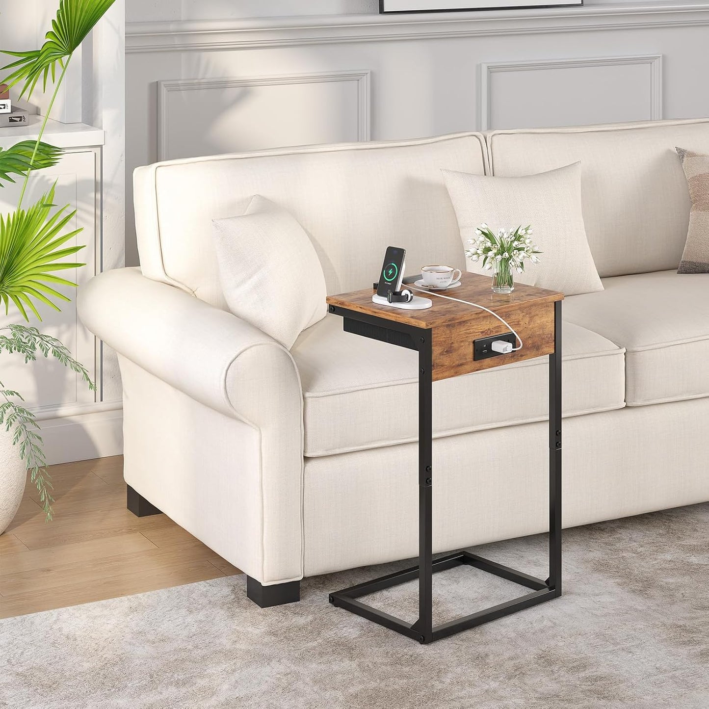 C Shaped End Table with Charging Station, 45° Tiltable Adjustable Flip Top Table with Storage,Small C Table for Small Spaces,Slide Under Couch Sofa Bedside Table for Living Room,Rustic Brown