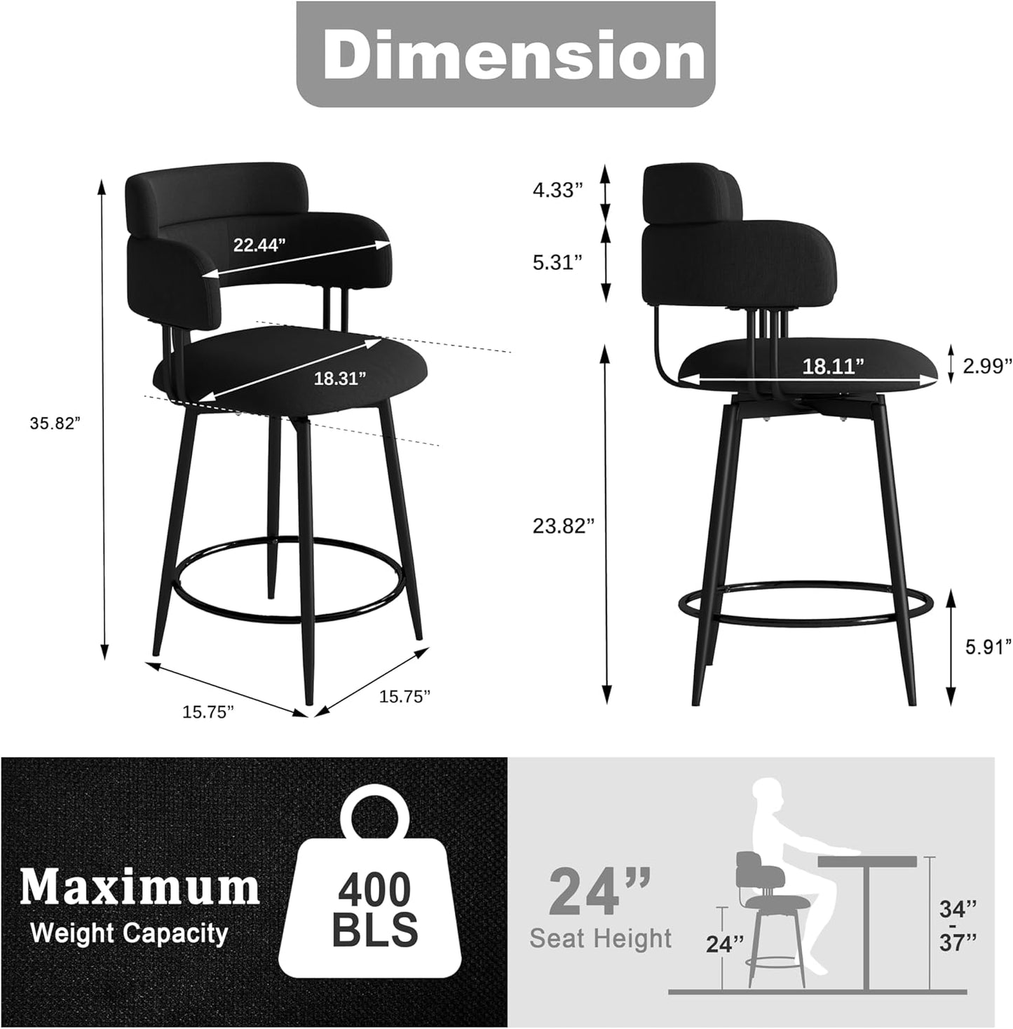 Swivel Bar Stools Set of 2, Counter Height Bar Stools with Ergonomic Full Back, Upholstered Linen Fabric Barstools with Chrome Metal Footrest for Kitchen Island, Dining Room