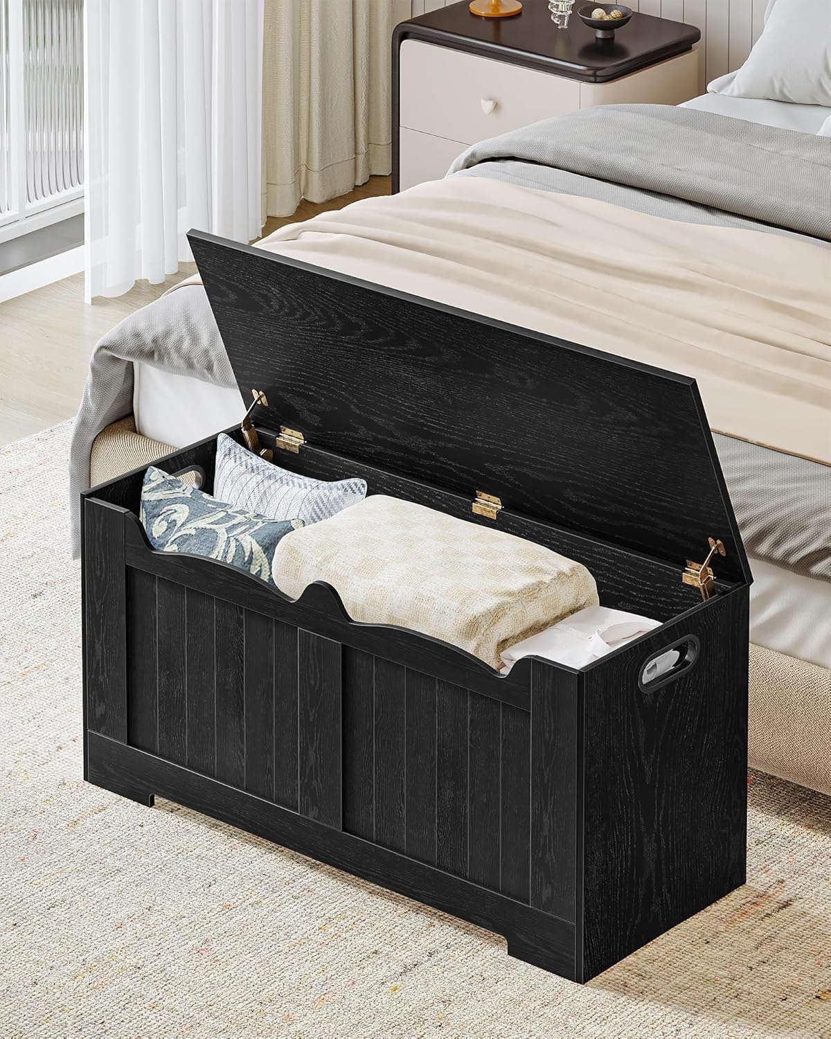 43.3" Storage Chest, Extra Large Storage Bench Trunk with 2 Safety Hinges, Wooden Box, Lift-Top Chest Organizer, Shoe Bench for Entryway, Bedroom, Living Room, Black SB25504X