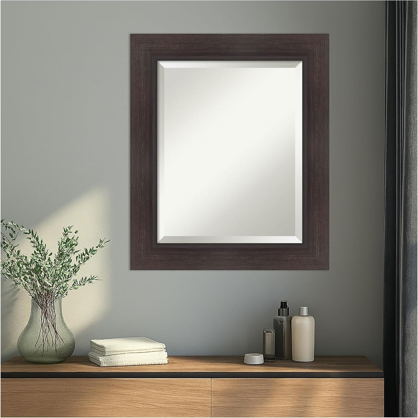 Amanti Art Brown Wall Mirror 26x22 Sloped Espresso Rectangle Bathroom Mirror for Wall Decor Living Room, Small Modern Contemporary Frame, Hangs Horizonally and Vertically, Bathroom Decor, Beveled Edge