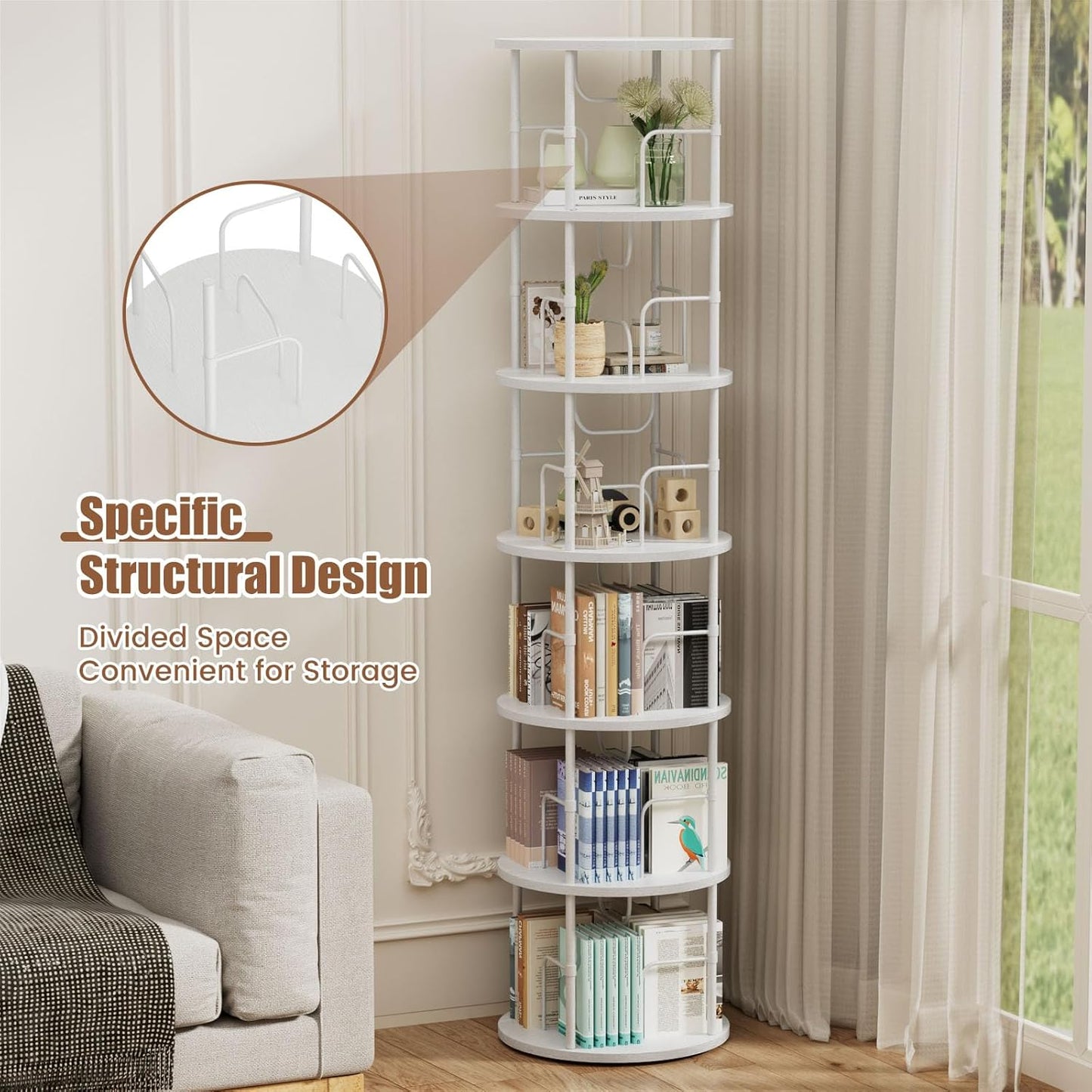 6 Tier Rotating Bookshelf, 360 ° Display Stackable Spinning Bookshelf Tower, Corner Bookshelf Tall Floor Standing Swivel Bookcase Narrow Storage Organizer for Bedroom, Living Room, White