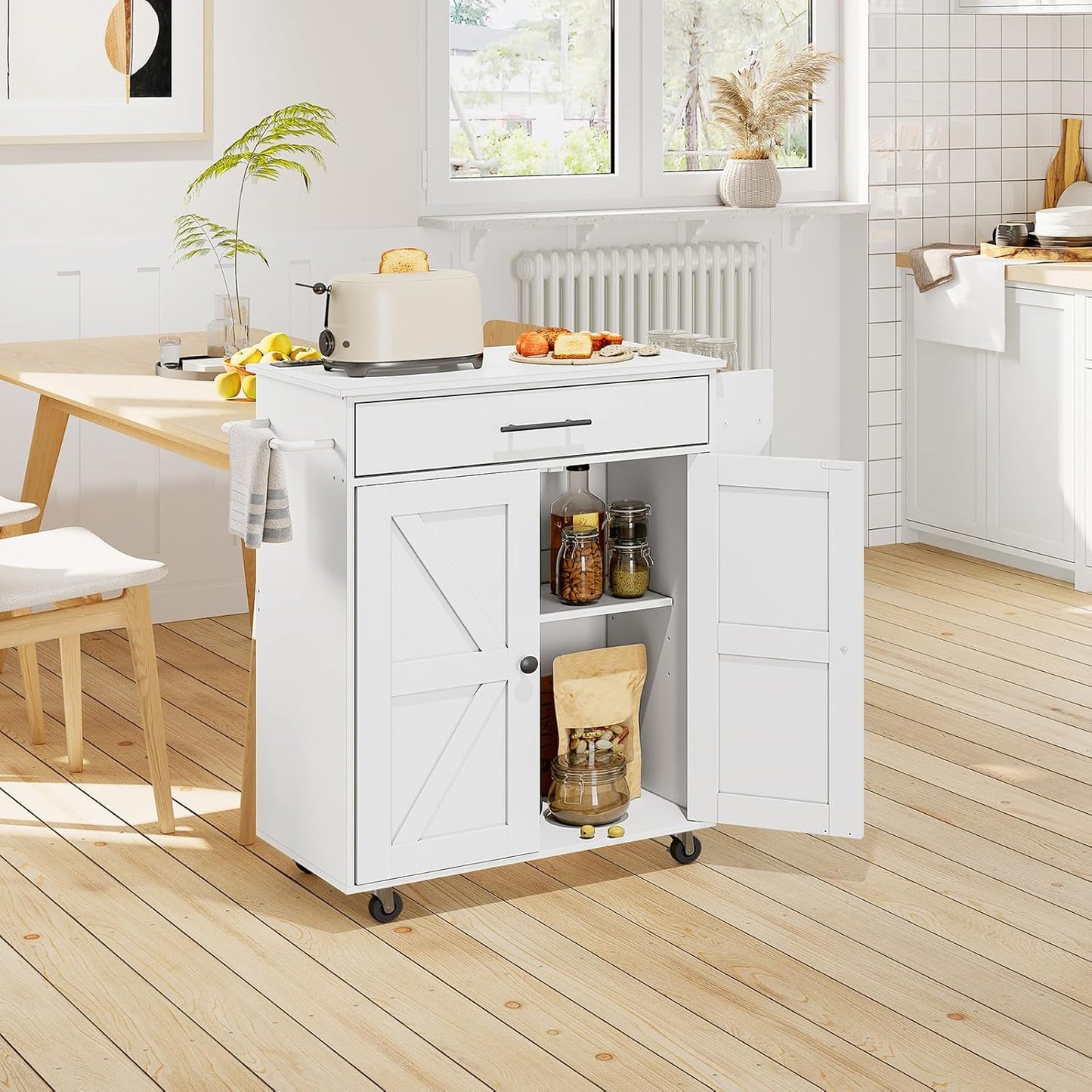 HOOBRO Kitchen Island with Power Outlet, Kitchen Storage Island with Large Worktop, Spice Rack and Drawer, Rolling Kitchen Island Cart on Wheels, for Kitchen and Dining Room, White WT88UZD01