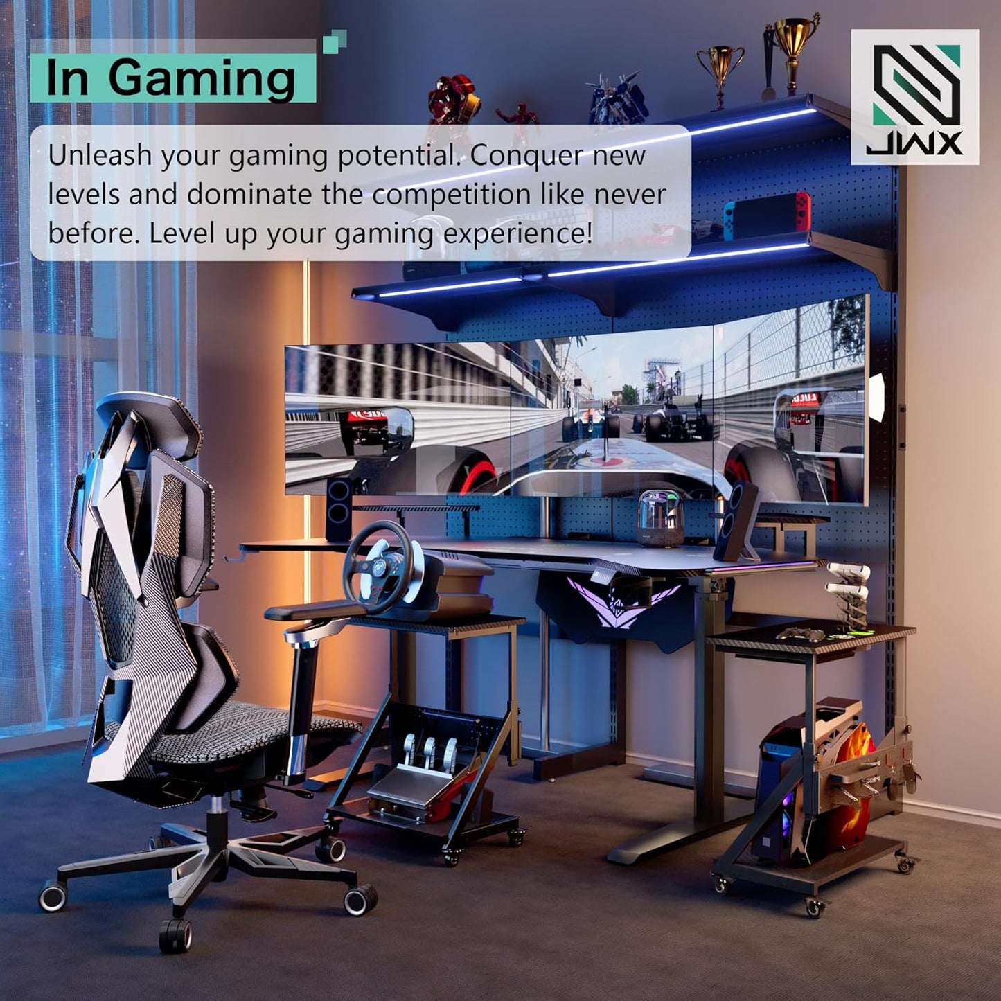 JWX Dual Motor Standing Gaming Desk with Aluminum Alloy Led Lights, 72'' Wing Shaped Large Gaming Studio Music Desk with Slot Design Shelves, for Streamer, Social Media Influencer & Music Recording