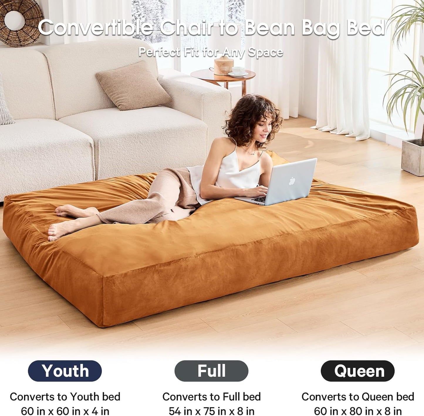 Bean Bag Chairs for Adults - Giant Bean Bag Chair Convertible Bean Bag Bed - Beanbag Chair with Micro Fiber Cover/Furniture Foam Filler - Floor Couch Sofa in Bedroom Dorm Room - Full Golden Brown