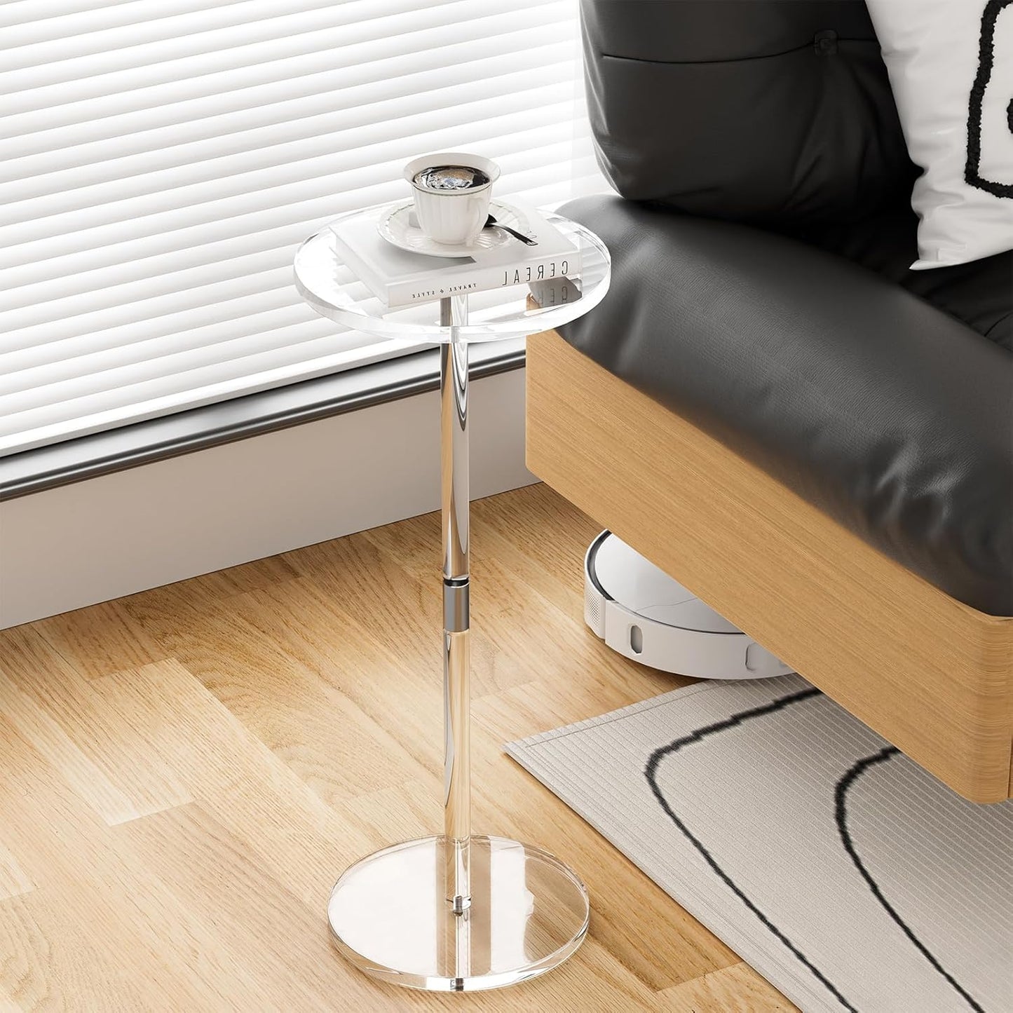 Acrylic Drink Table for Small Spaces, Clear Side Table, 10" L x 10" W x 21.3" H, Round End Table for Living Room, Bedroom, Office, Easy Assembly