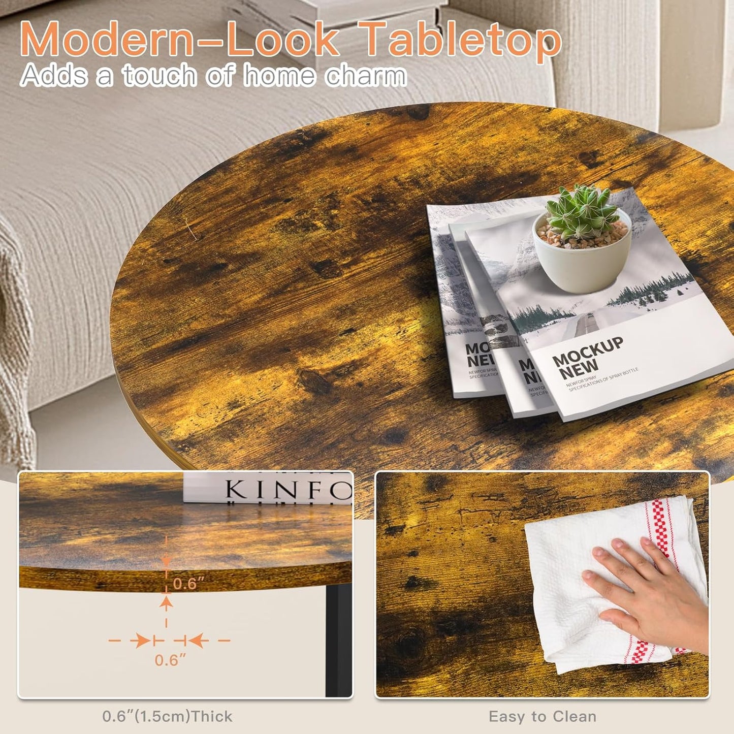 Round Coffee Table, 23.6" Small Coffee Tables for Living Room, Circle Coffee Table with Metal Frame, Floor Table Desk for Sitting on The Floor, Home, Office, Rustic Brown