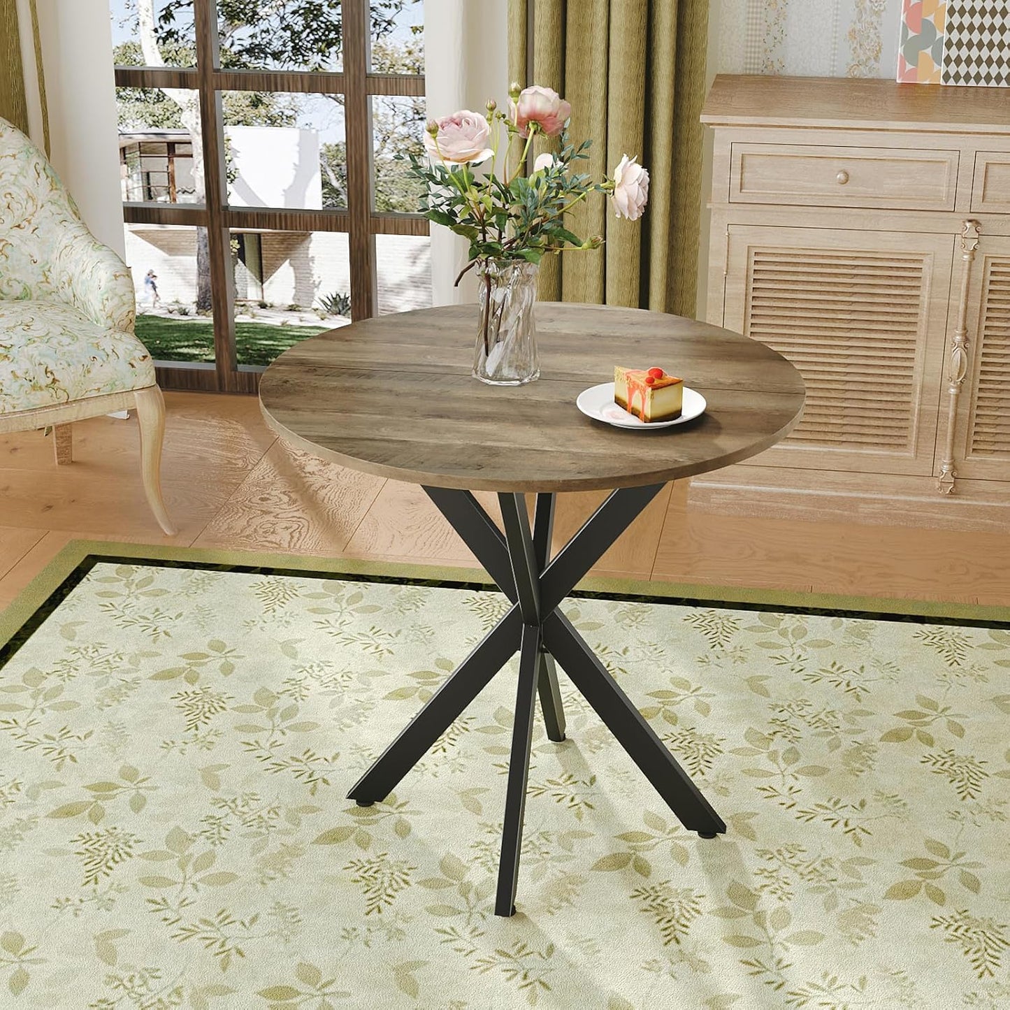 Unovivy 31.5" Small Round Dining Table for 2-4, Space Saving Circle Kitchen Dinner Table, Industrial Mid Century Modern Dining Room Desk for Kitchen, Apartment, Natural Oak