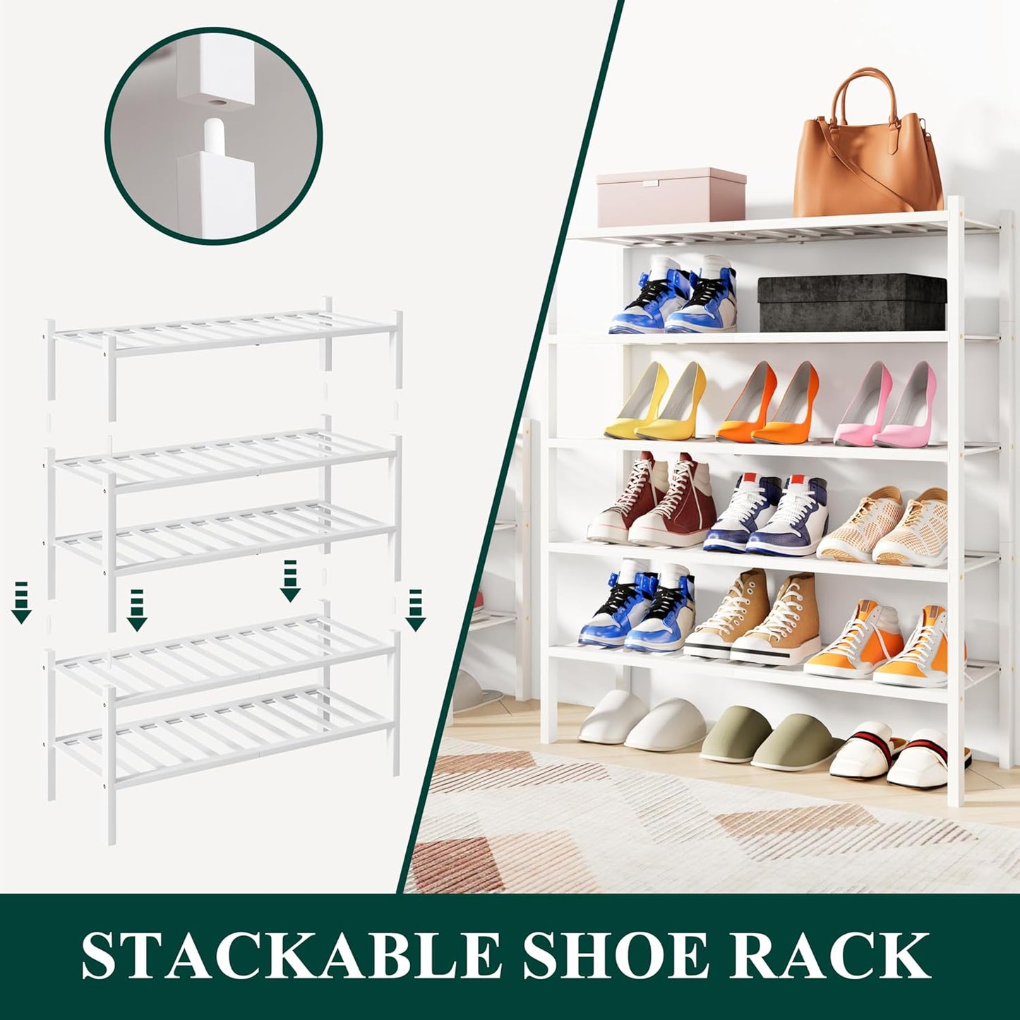 Smiry Shoe Rack, 4 Tier Bamboo Shoe Organizer, Stackable Free Standing Wooden Shoe Storage Shelf for Closet, Entryway, Front Door Entrance, White