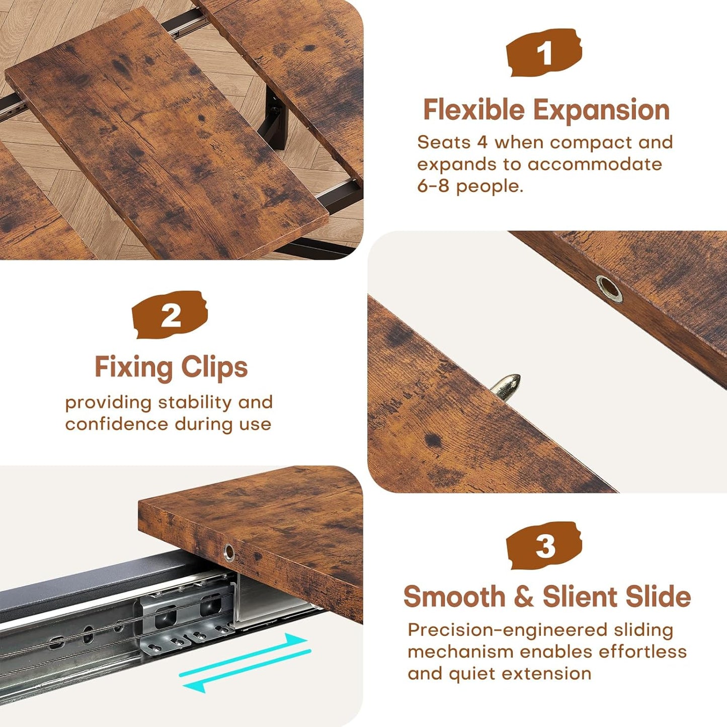 Dining Table for 4-6, 62“Extendable Kitchen Dining Room Table, Space Saving Rectangle Large Expandable Wood Dinner Furniture for Small Space, Brwon