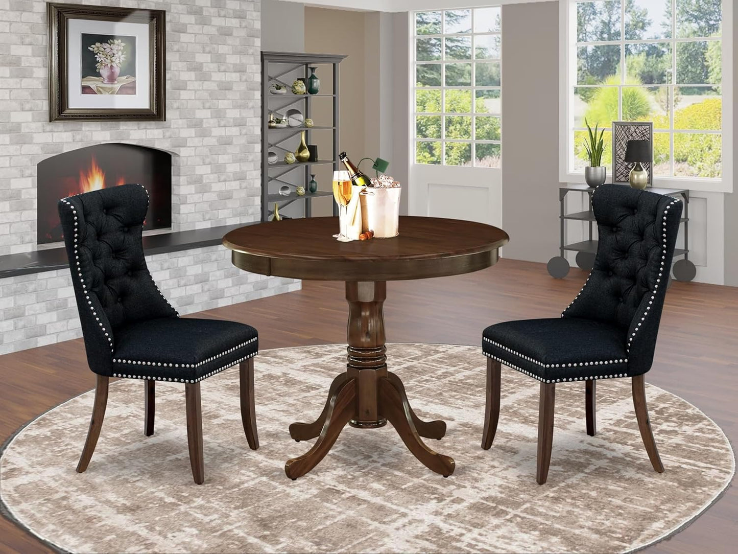 East West Furniture ANDA3-AWA-24 3 Piece Kitchen Table & Chairs Set Contains a Round Dining Table with Pedestal and 2 Polyester Fabric Padded Chairs, 36x36 Inch, Antique Walnut