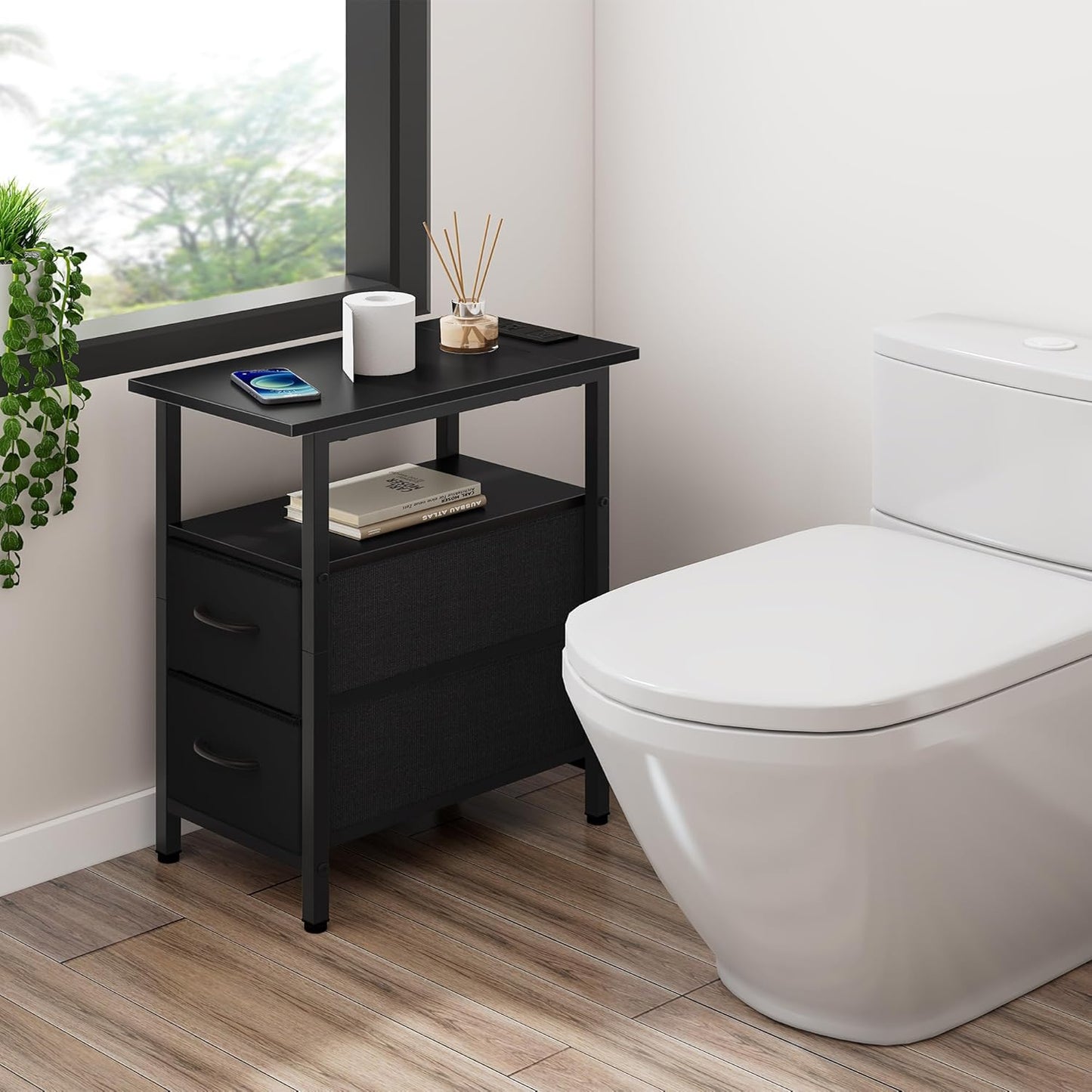 Vagusicc Black Nightstand with Charging Station and LED Lights, Narrow Side Table, LED Night Stand with 2 Fabric Drawers, Bedside Table with USB Ports and Outlets, Tall Nightstand for Bedroom, Black