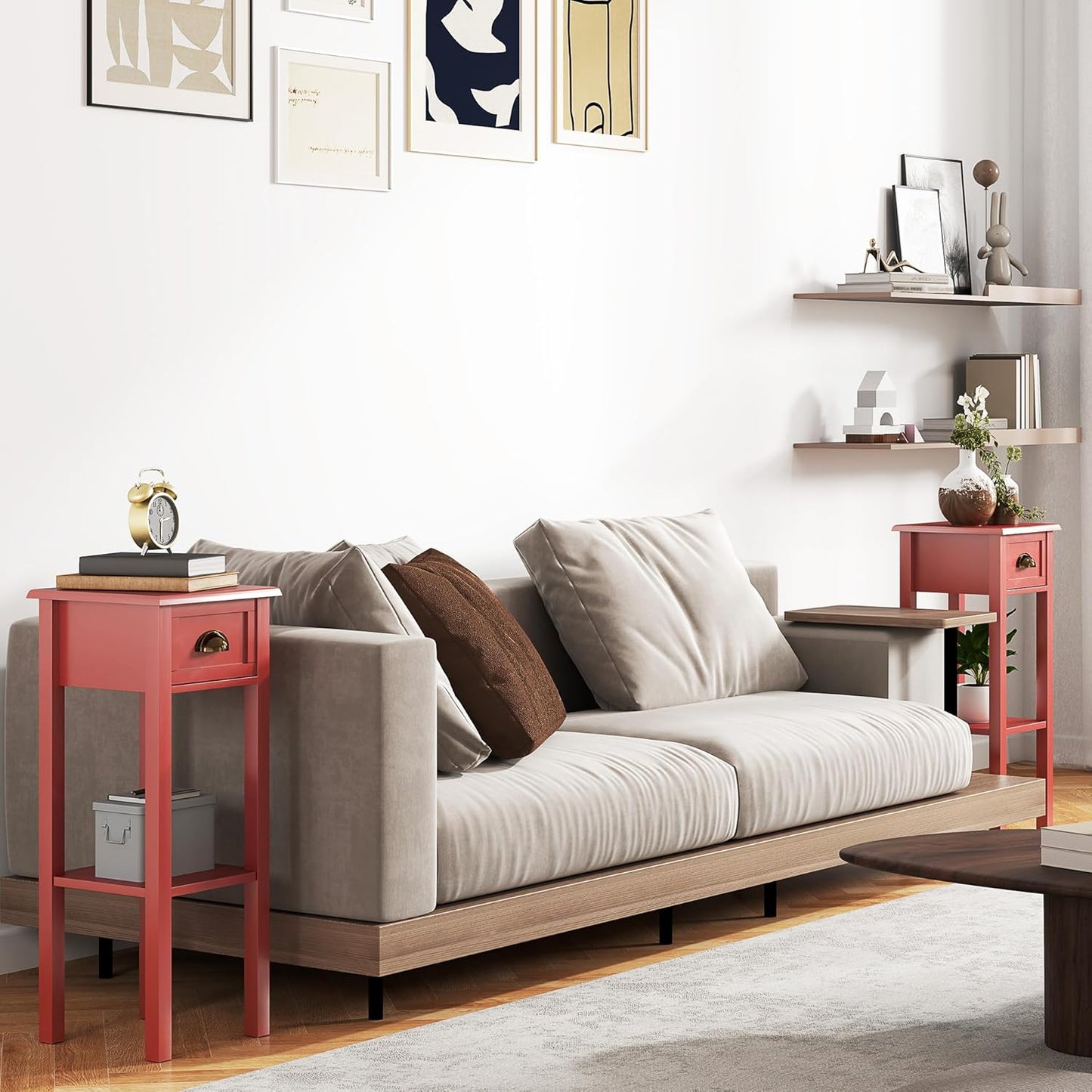 HOMCOM 2-Tier Side Table with Drawer, Narrow End Table with Bottom Shelf, for Living Room, Set of 2, Red