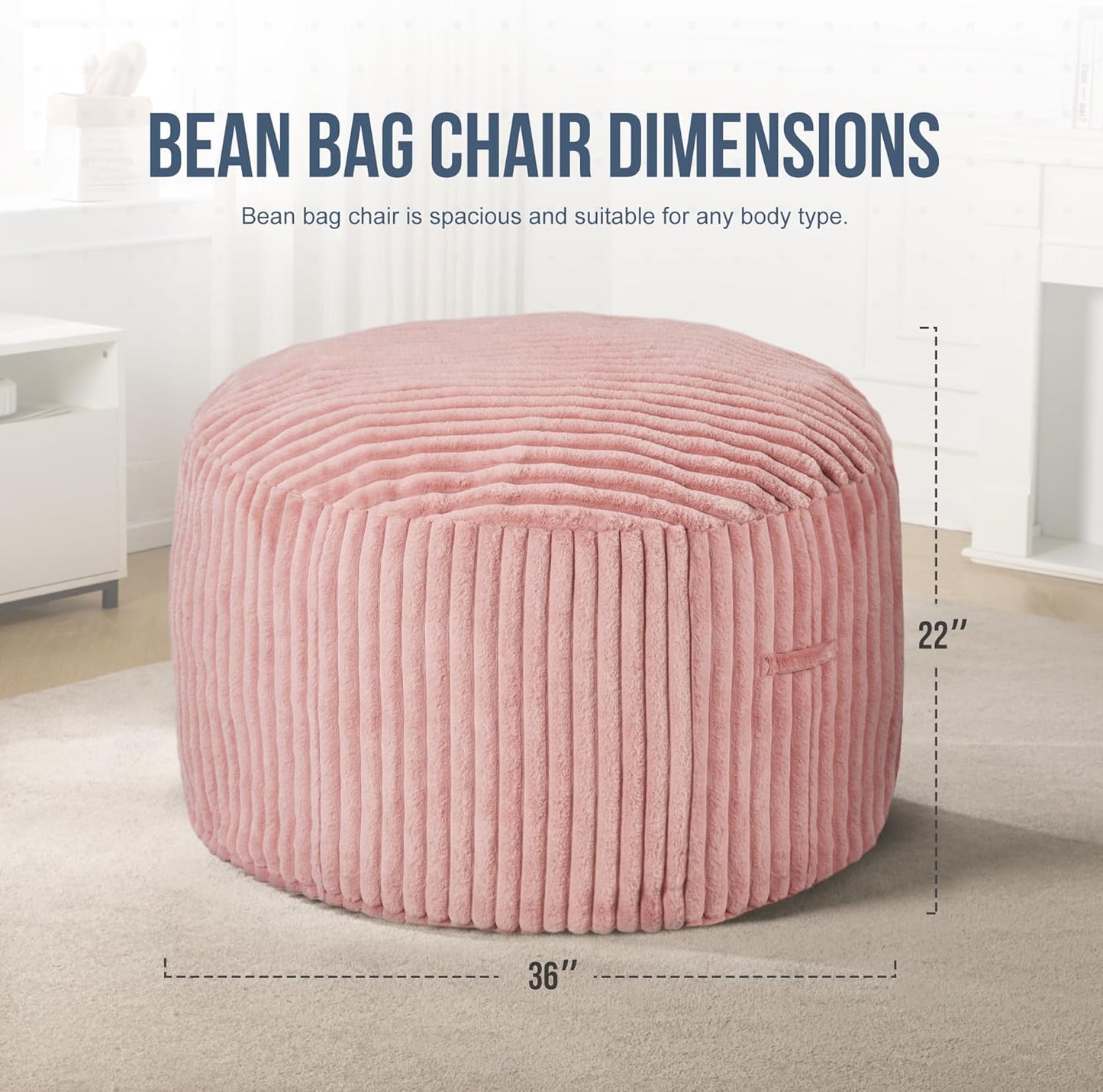 3ft Bean Bag Chairs for Adults Large Beanbag Chair with Stripe Plush Cover Big Bean Bag Chair for Living Room Bedroom Dorm Office