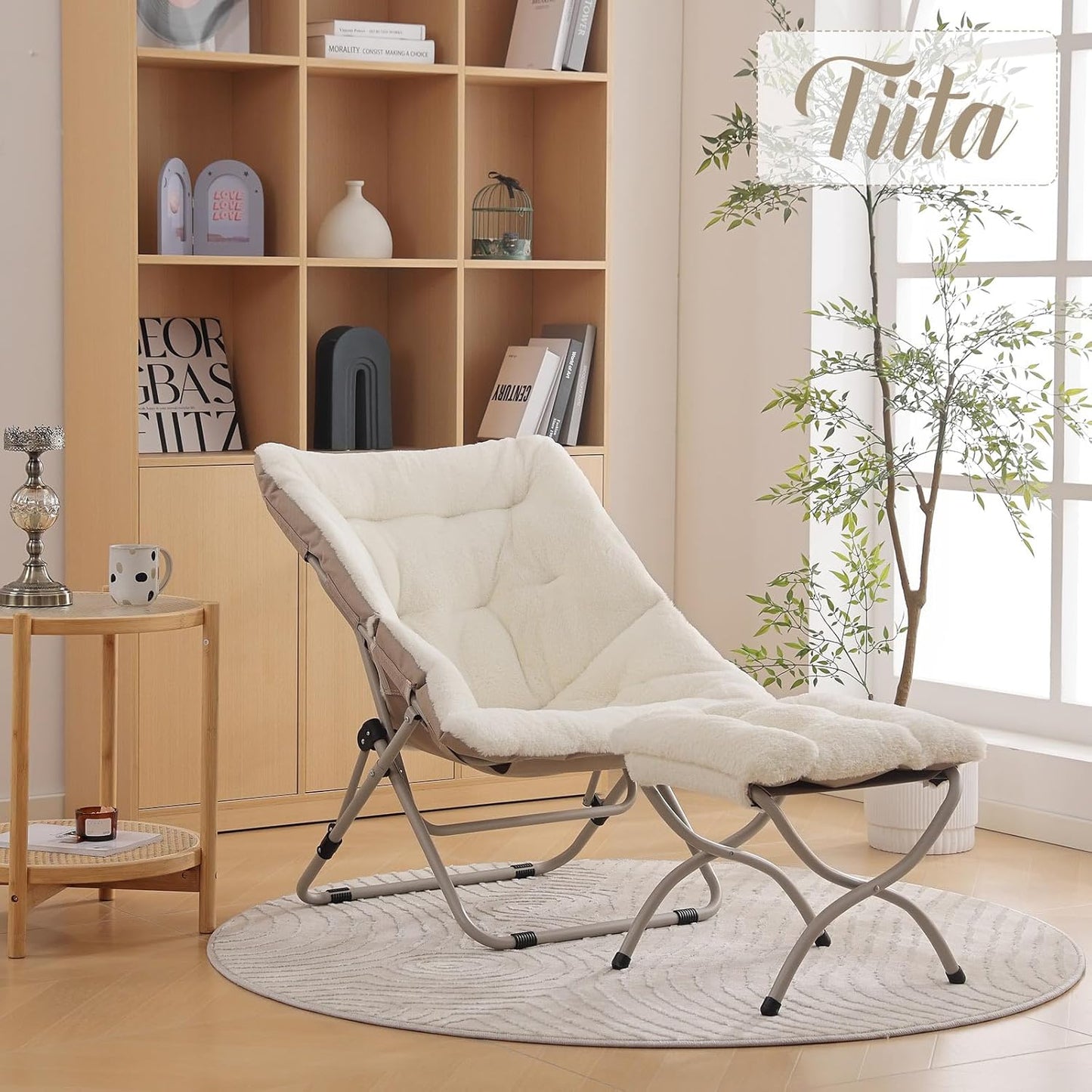 Tiita Folded Chair with Ottoman, Soft Faux Fur Oversized Folding Accent Chair,Lounge Lazy Chair, Metal Frame Moon Chair for Bedroom, Living Room, Dorm Rooms, Garden and Courtyard