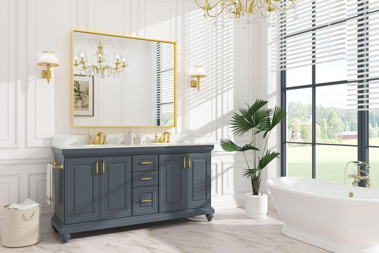 Keonjinn Gold Bathroom Mirrors 48” x 40” Rectangle Wall Vanity Mirror Large Metal Framed Brushed Gold Mirrors Square Corner Farmhouse Mirror for Over Sink(Horizontal/Vertical)