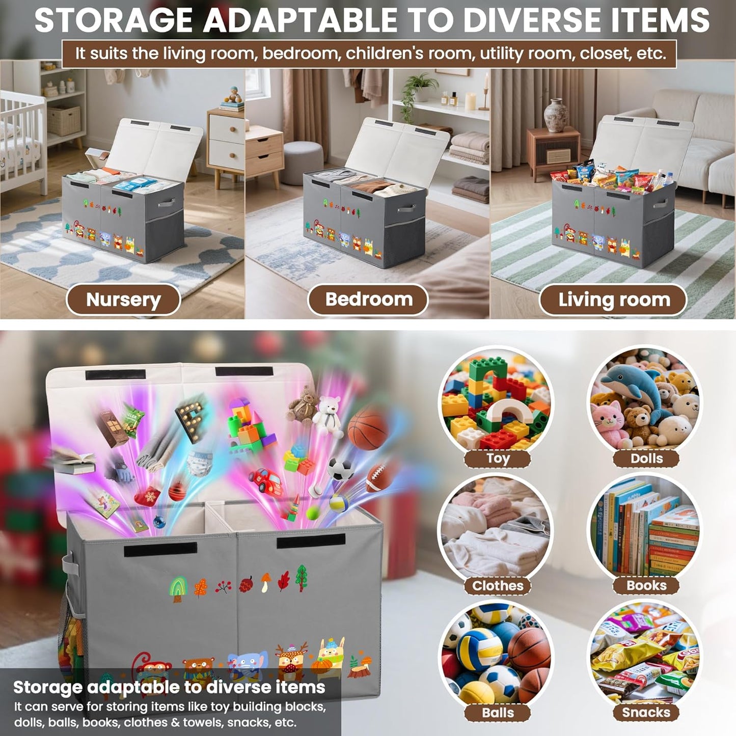 80L Large Toy Storage Box with Lid, Large Toy Box Chest for Kids, Girls and Boys, Nursery Room and Living Room, 26"x13" x16" (grey-animal)