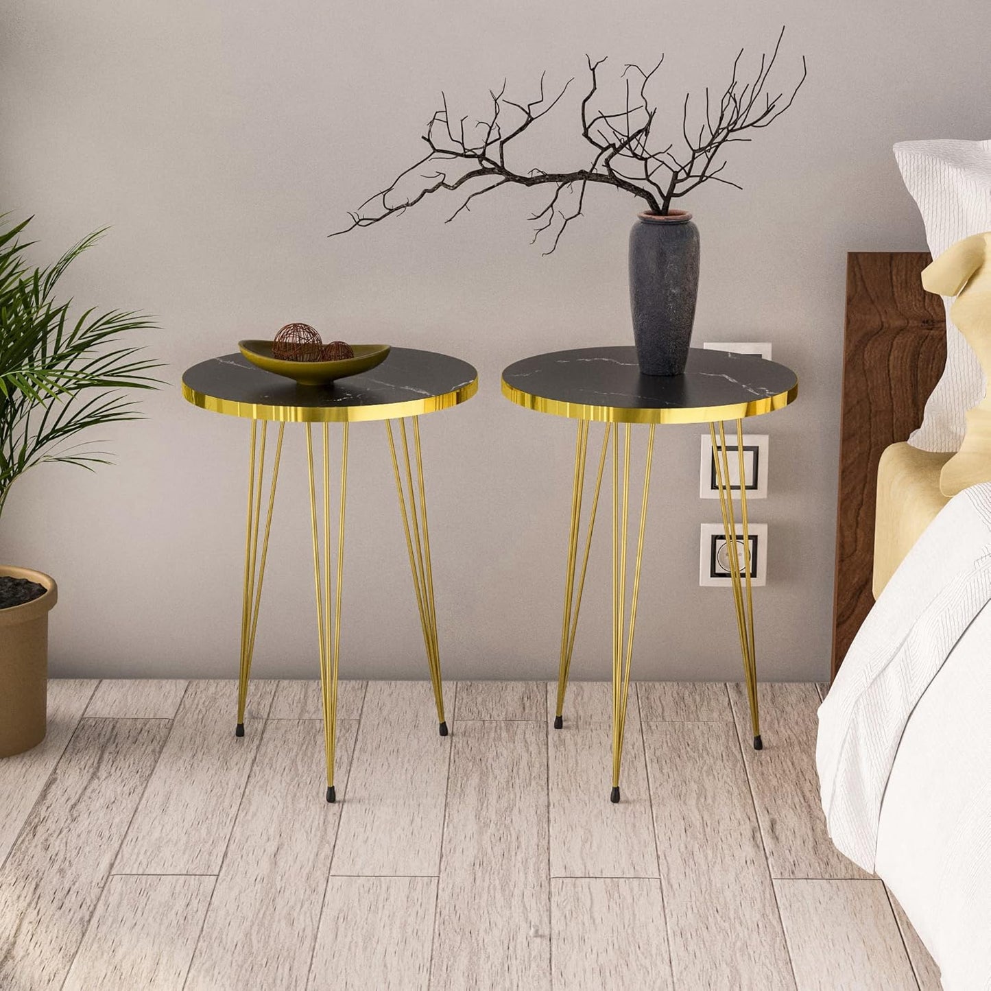 PAK HOME Set of 2 End Tables Round Wood Sofa Side Coffee Tables for Small Spaces, Nightstand Bedside Table with Metal Legs for Bedroom, Living Room, Office (Black Marble High Gloss/Gold Legs)