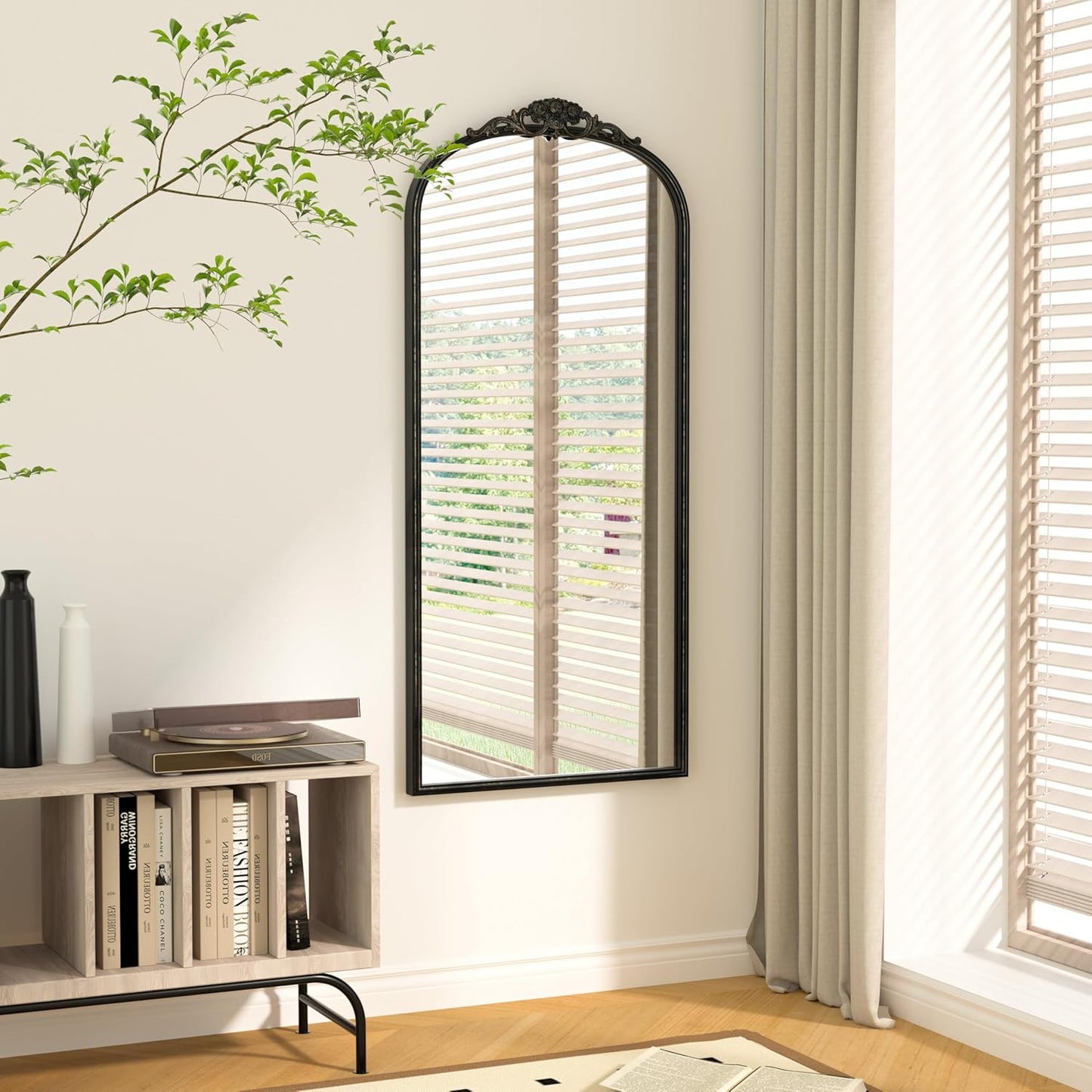 Keonjinn Arched Wall Mirror, 48" x 22" Vintage Mirror Full Length, Black Traditional Decoration Baroque Style, Ornate Mirrors for Hallway, Fireplace, French Cleat Mounting