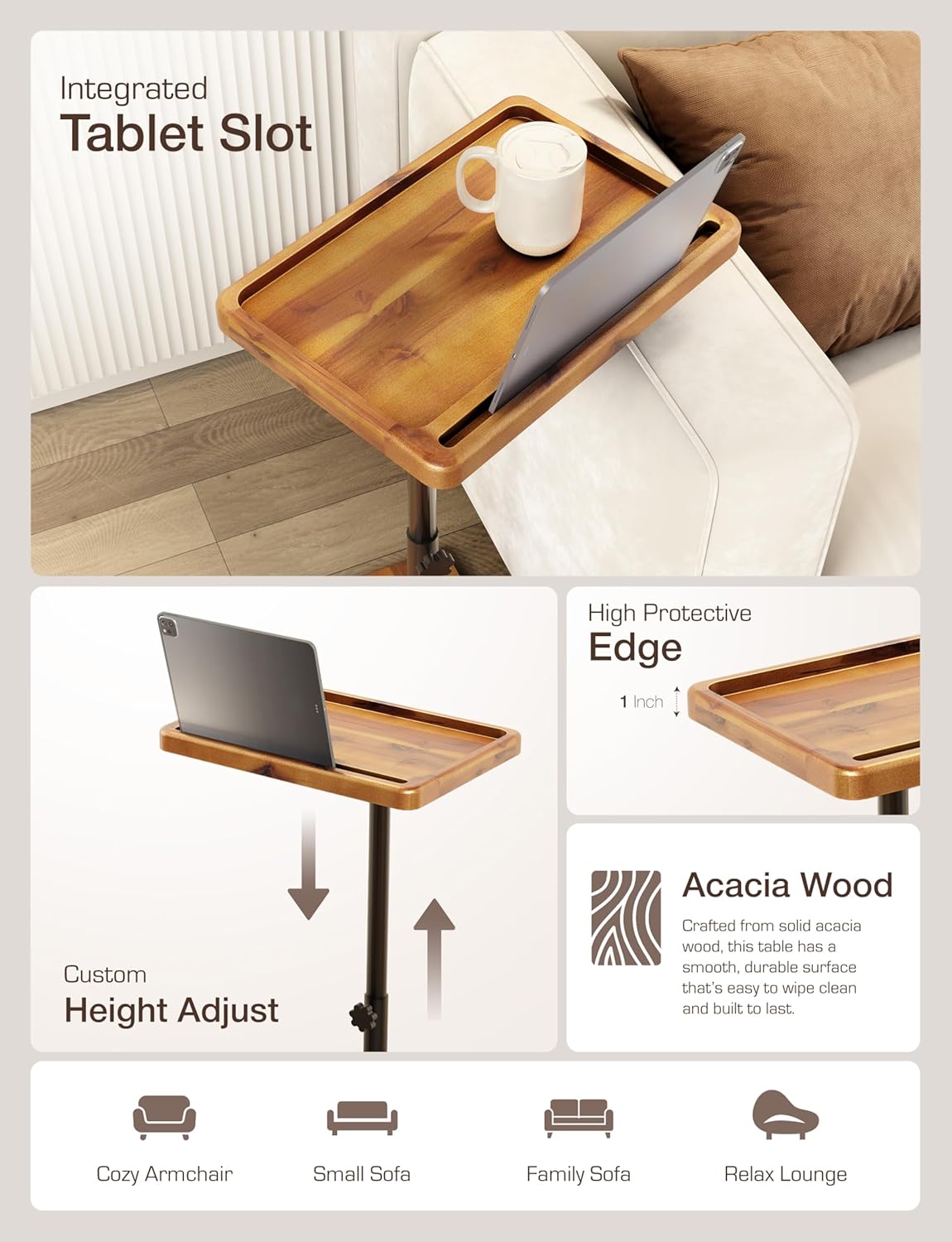 HOLANA Acacia Wood Adjustable C-Shaped Couch Table – 360° Swivel Side Table for Sofa - Small End Table for iPad, Laptop, or TV Tray – Eating Trays for Living Room or Bedside Use (Acacia)