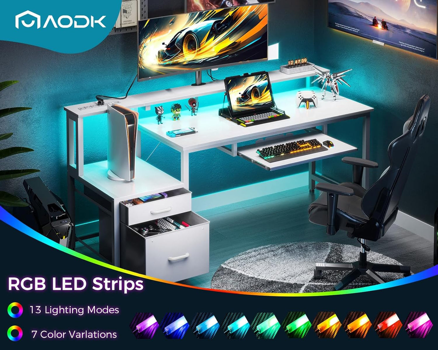 AODK Computer Desk with Drawers and Keyboard Tray, 63" Office Desk with Power Outlet and LED Lights, Reversible Study Work Desk with Printer Shelf and PC Stand for Home Office, White