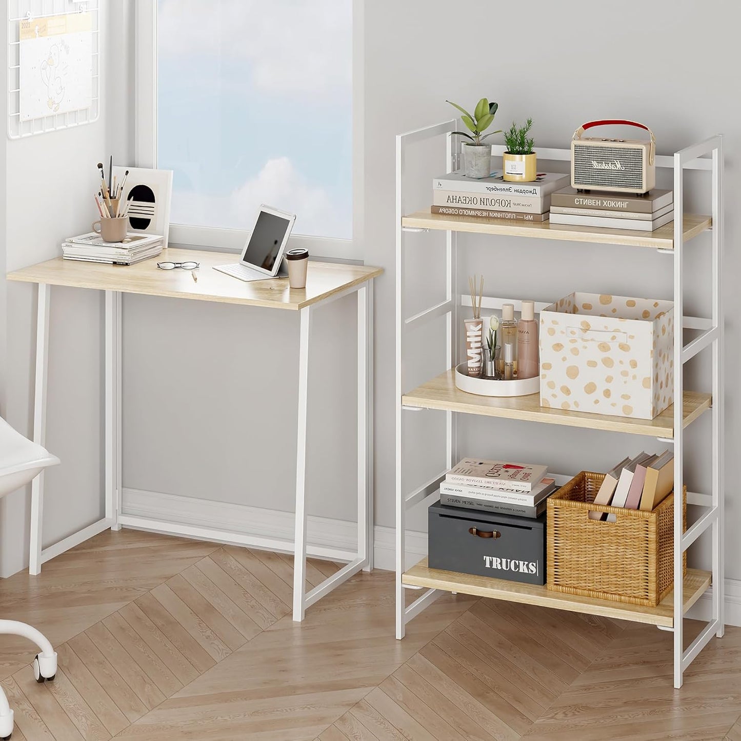 BHG Vintage Multifunctional Folding Bookshelf, No-Assembly Plant Stand Storage Rack Shelves for Home Office (White, 3-Tier)