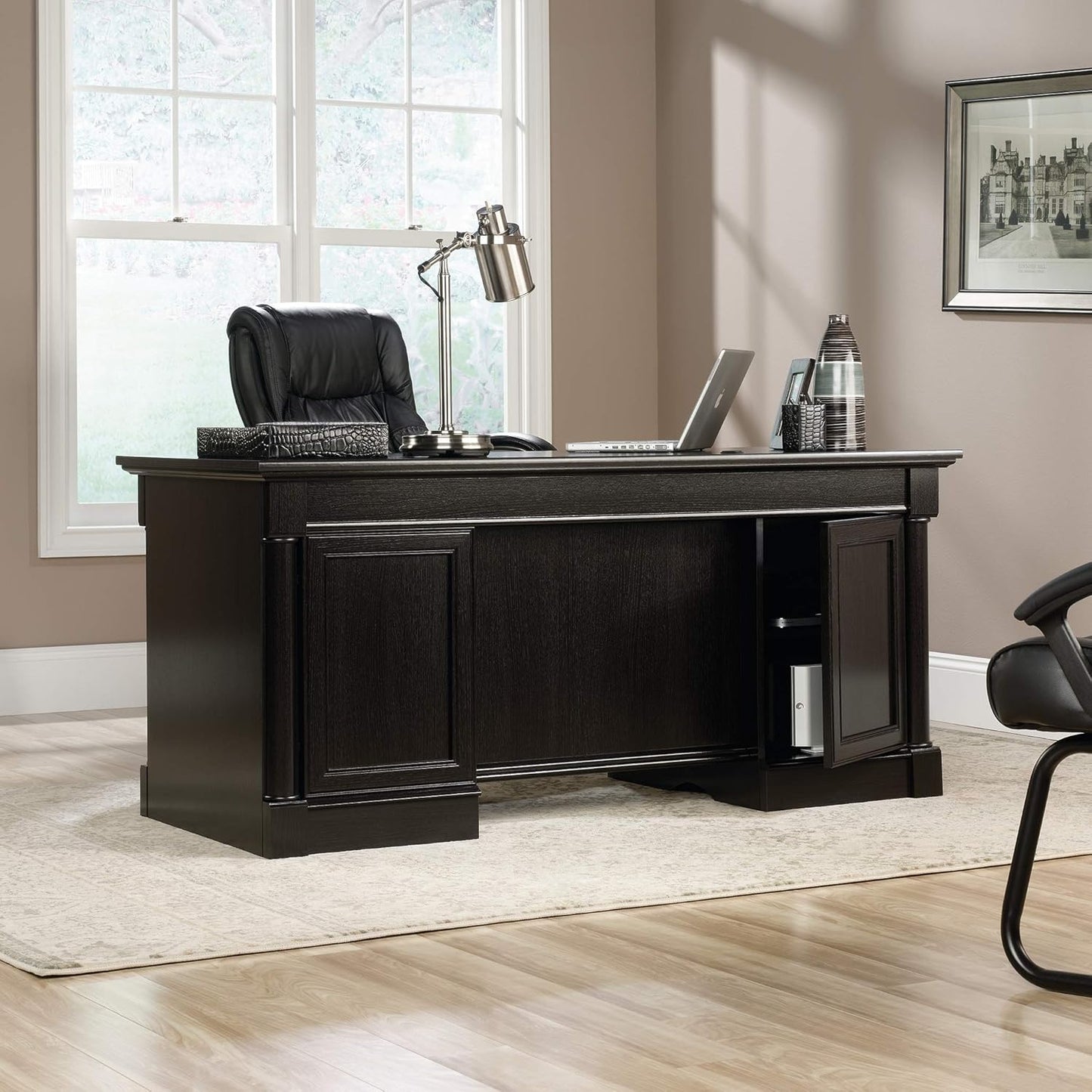 Sauder Palladia Office Desk with Drawers, Executive Desk with File Cabinet Storage, Cable Management, Keyboard Tray, in Wind Oak Finish