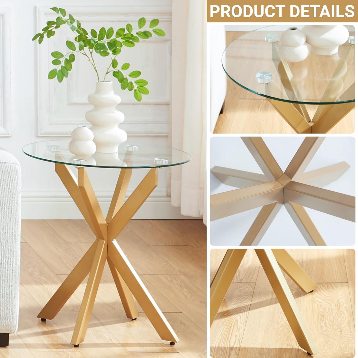 Modern Glass End Table, Small Round Side Table for Couch, Sofa Table with Clear Tempered Glass Top for Living Room, Bedroom, Bedside, 19.7" Wx21.7 H Gold