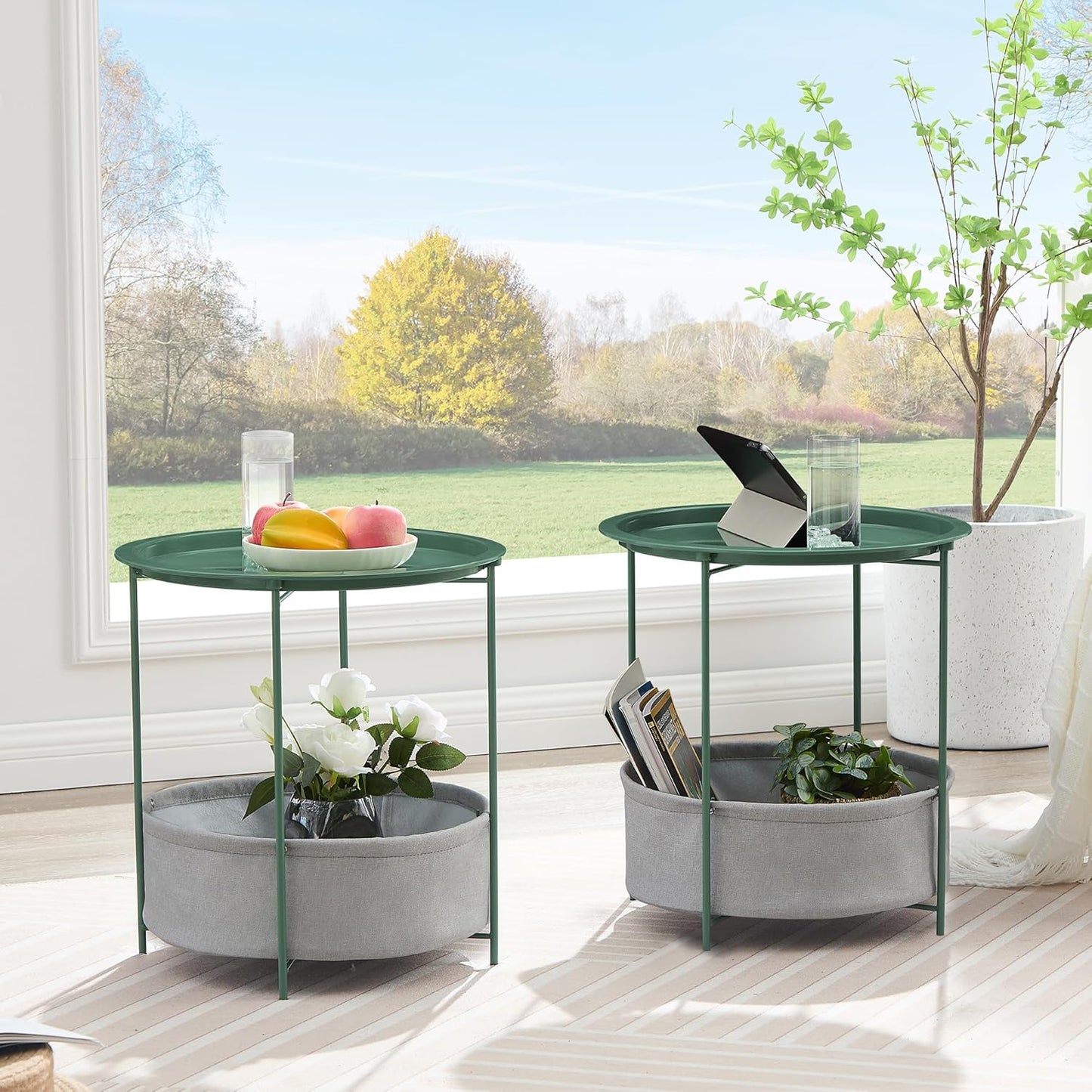 VECELO Round Side/End Table with Fabric Storage Basket，Metal Anti-Rust and Waterproof Small Bedside Nightstand with Removable Tray Top for Living Room，Balcony & Laundry，Dark Green /1pcs with Basket