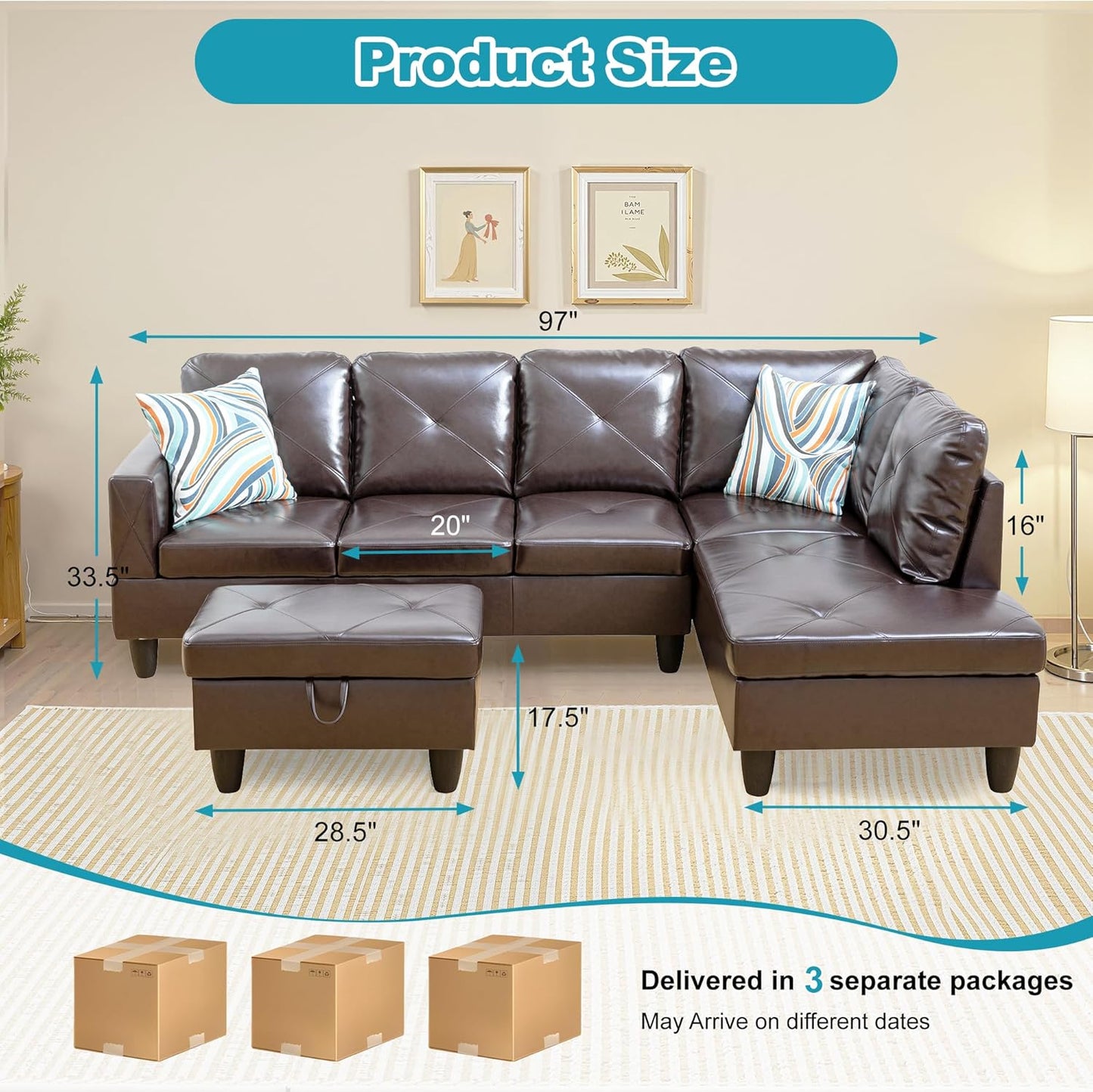 Couches for Living Room Faux Leather L Shaped Couch Comfy 3 Pieces Sectional Sofa with Chaise, Ottoman with Storage for Office and Small Apartment, Brown