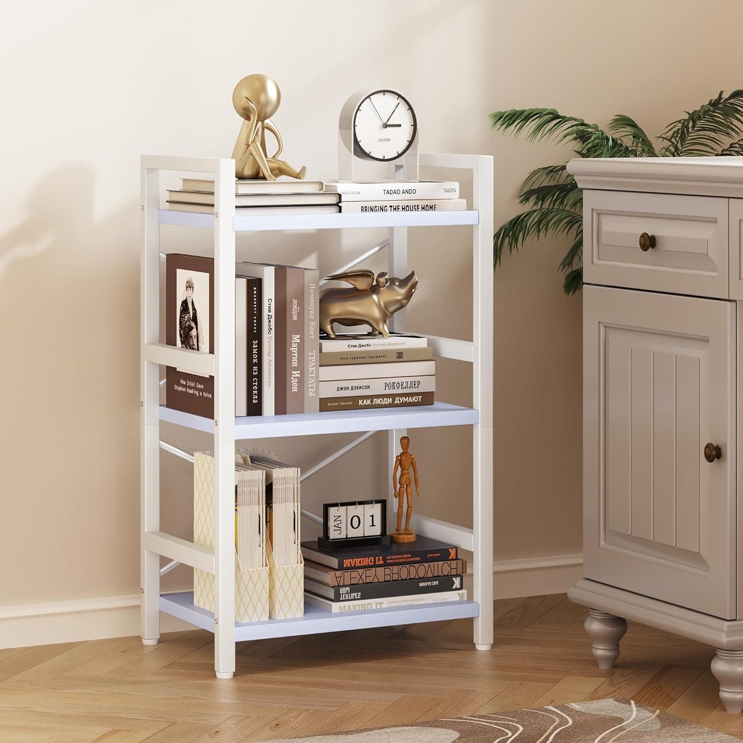 Homeiju Bookshelf, 3 Tier Industrial Bookcase, Metal Small Bookcase, Rustic Etagere Book Shelf Storage Organizer for Living Room, Bedroom, and Home Office(Blue) Patent Pending D29873033