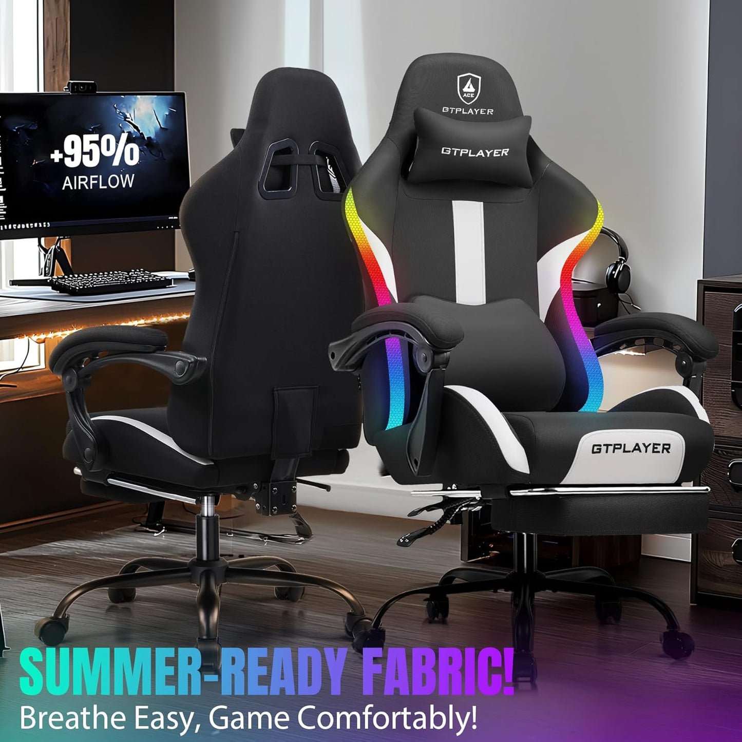 GTRACING Gaming Chair with Foot Rest & Racing Style RGB LED Lights, Breathable Fabric for Home Office Desk, Ergonomic High Back Computer Chair with Headrest & Lumbar Support, RGB Black