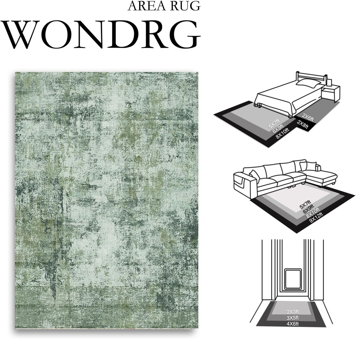 6x9 Washable Area Rug Dark Green Modern Neutral Abstract Living Room Bedroom Indoor Floor Carpet Low Pile Soft Non-Slip Lightweight Vacuumable Throw Rug for Nursery Dining Room Office