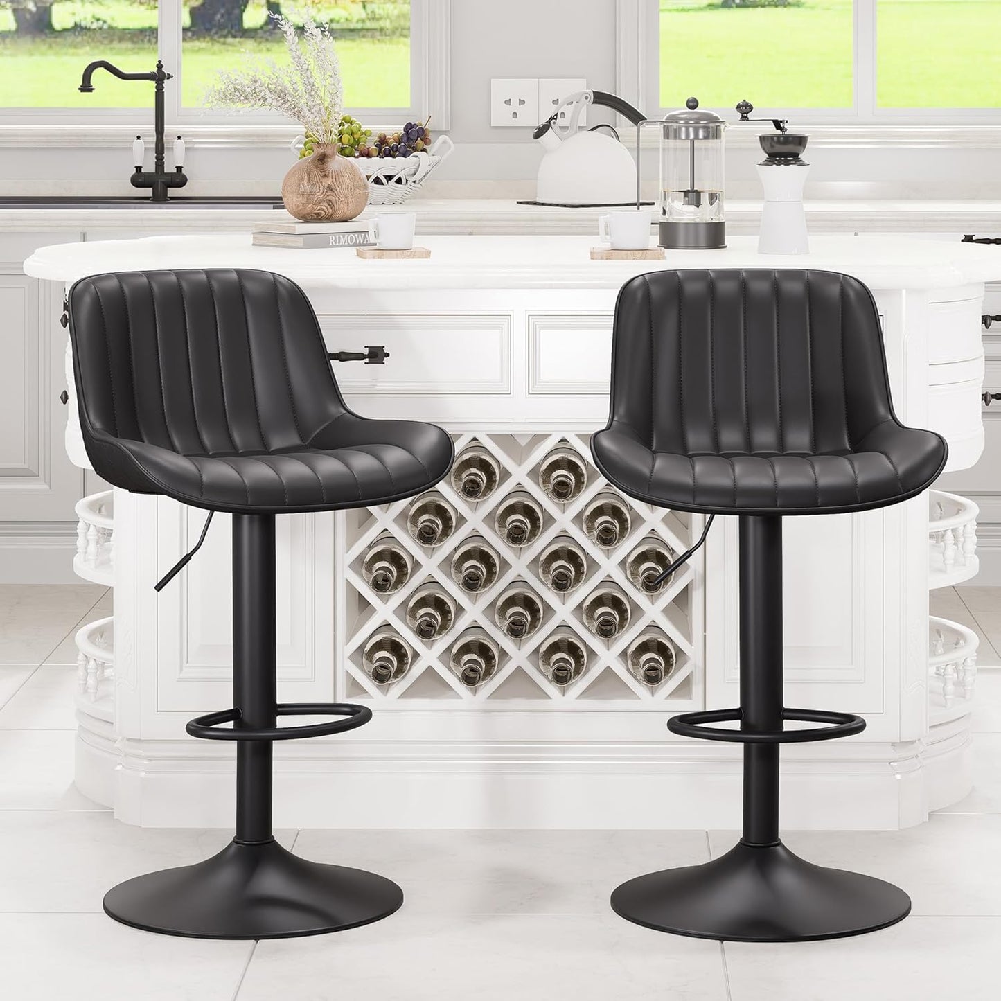 YOUNUOKE Black Bar Stools Set of 2 Adjustable Counter Height Stools Modern Swivel Barstools with Backs Mid Century PU Leather Upholstered Bar Chairs for Kitchen Island