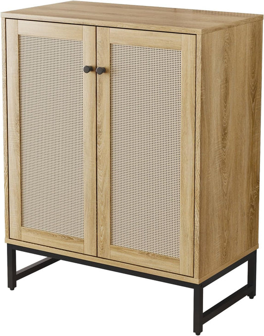 Sideboard Buffet Cabinet, Storage Cabinet with Double Rattan Doors, Modern Rattan Sideboard Cabinet, Kitchen Storage Cabinet with Metal Feet, for Entryway, Bedroom, Living Room (Natural Wood)