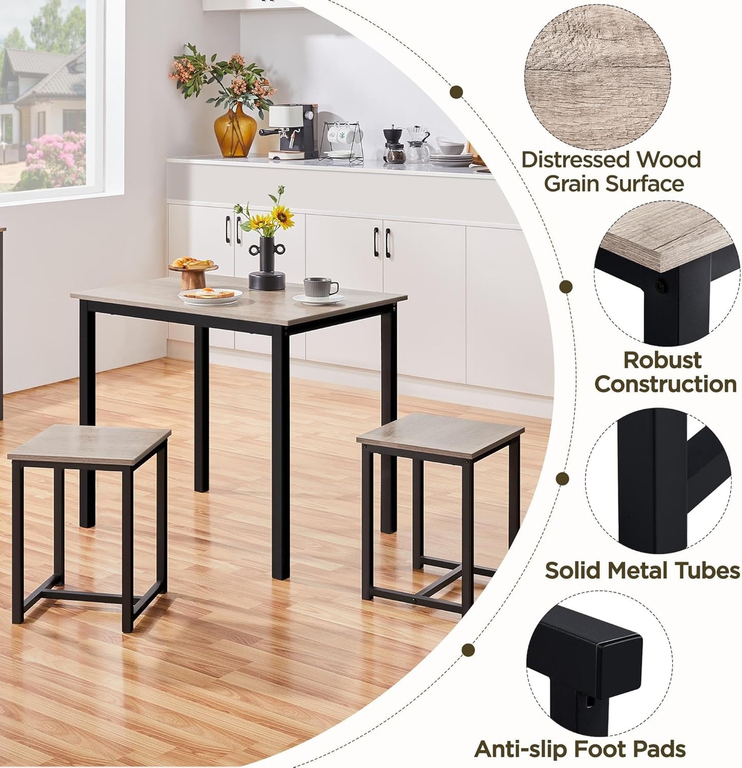 Yaheetech 3 Piece Dining Table Set - Kitchen Table & Chair Sets for 2 - Compact Table w/ 2 Stools & Space Saving Design for Dining Room Living Room Kitchen, Gray