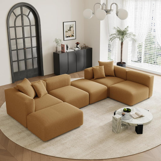 Acanva Convertible Modular Sectional Sofa with Movable Ottomans, Free Combination Corduroy Couch for Living Room Apartments, U-Shaped, Yellow
