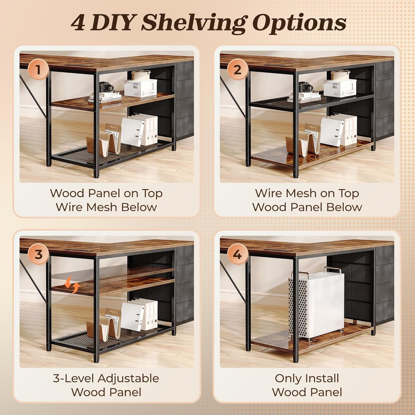 PRAISUN 61" L Shaped Desk with Power Outlets and USB-C Port, Reversible Computer Corner Office Desk with 4 Fabric Drawers and 2 Height-Adjustable Shelves, Large for Gaming Writing Study, Rustic Brown