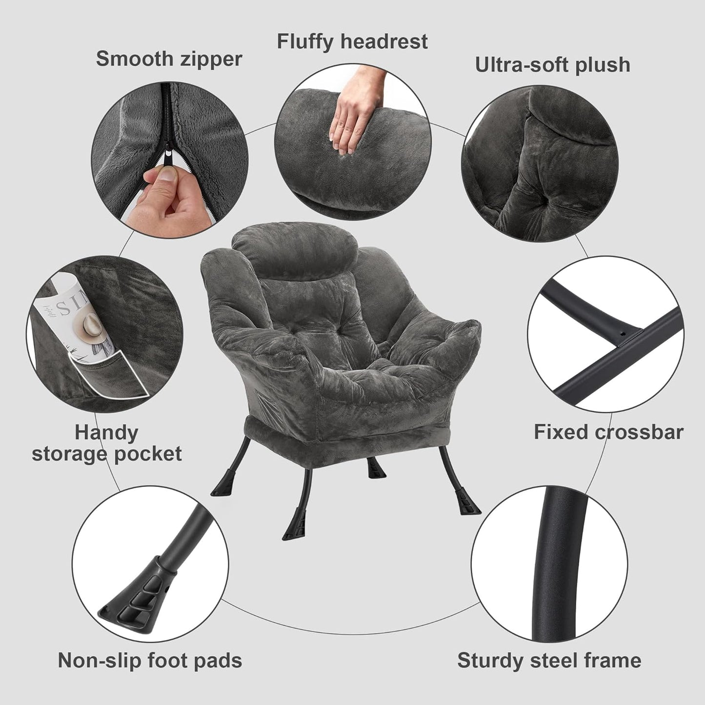 Fabric Lazy Chair for Adults, Oversized Upholstered Sofa Chair, Plush Comfy Lounge Chair with Large Side Storage Pocket, Thick Padded Reading Chair for Living Room, Bedroom, Office, Dark Gray