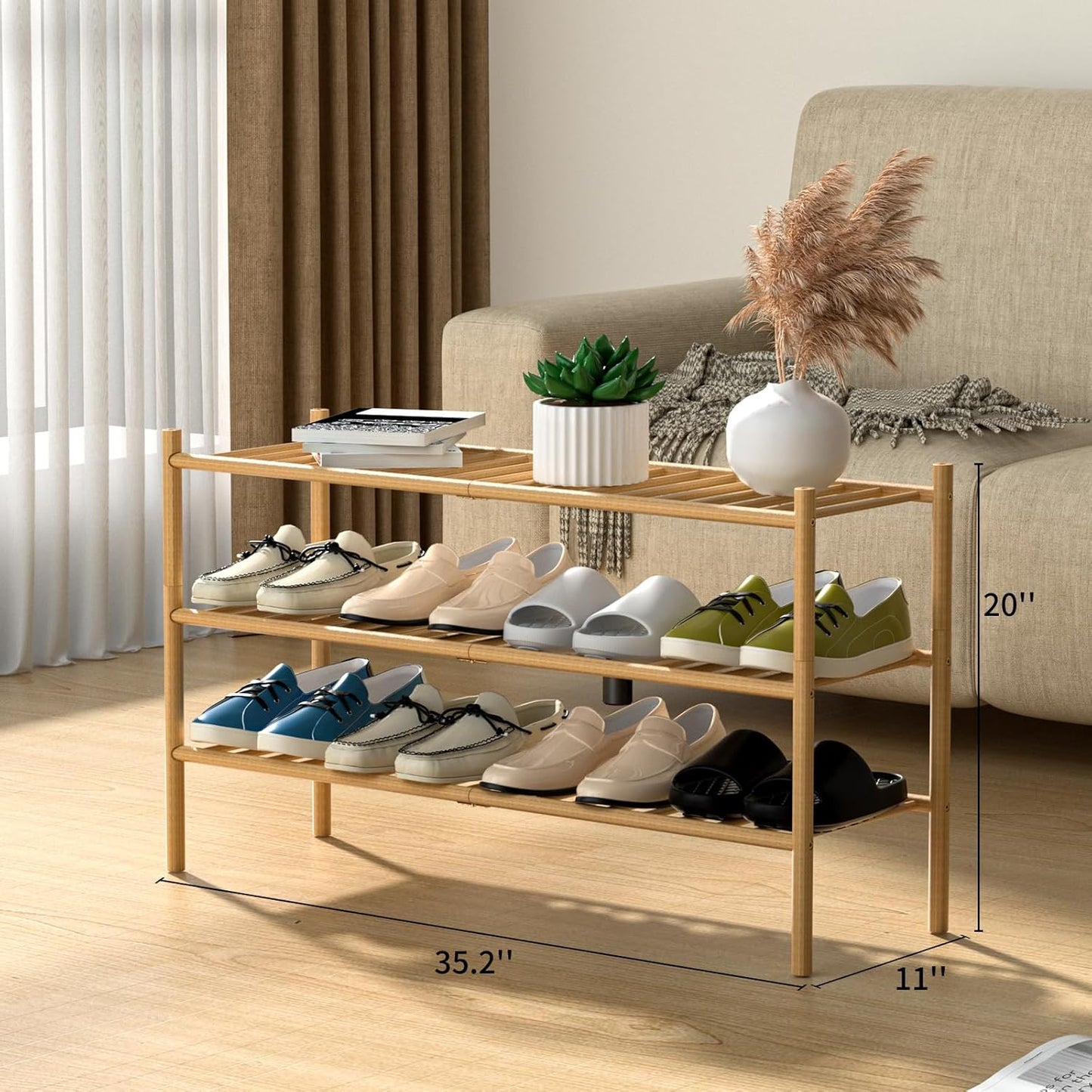 3-Tier Bamboo Long Shoe Rack, Free Standing Wood Shoe Shelf Storage Organizer for Closet Entryway Stackable 35"x11"x20" (Natural)