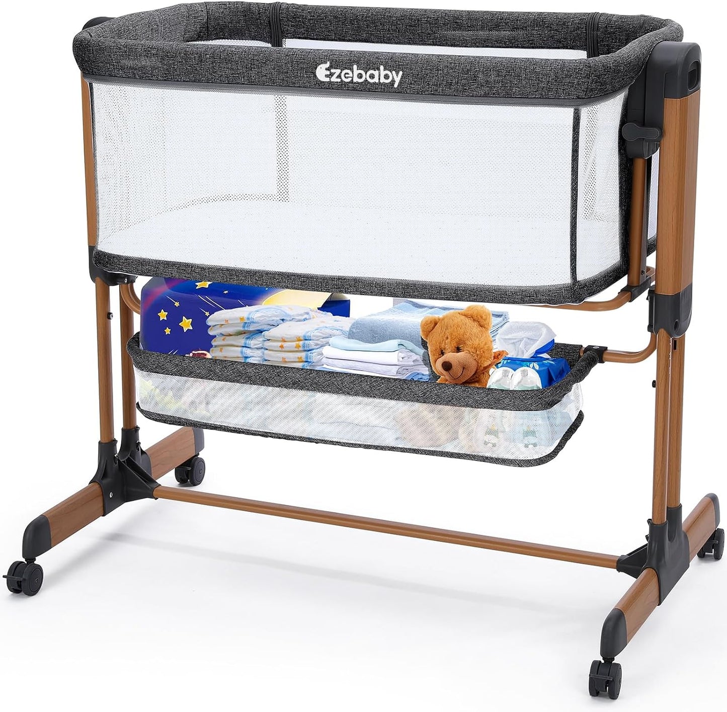 Ezebaby 3-in-1 Baby Bassinet, Rocking Baby Bassinets Bedside Sleeper, Adjustable Portable Crib for Newborn Infant with Wheels Storage Basket and Mesh Sides