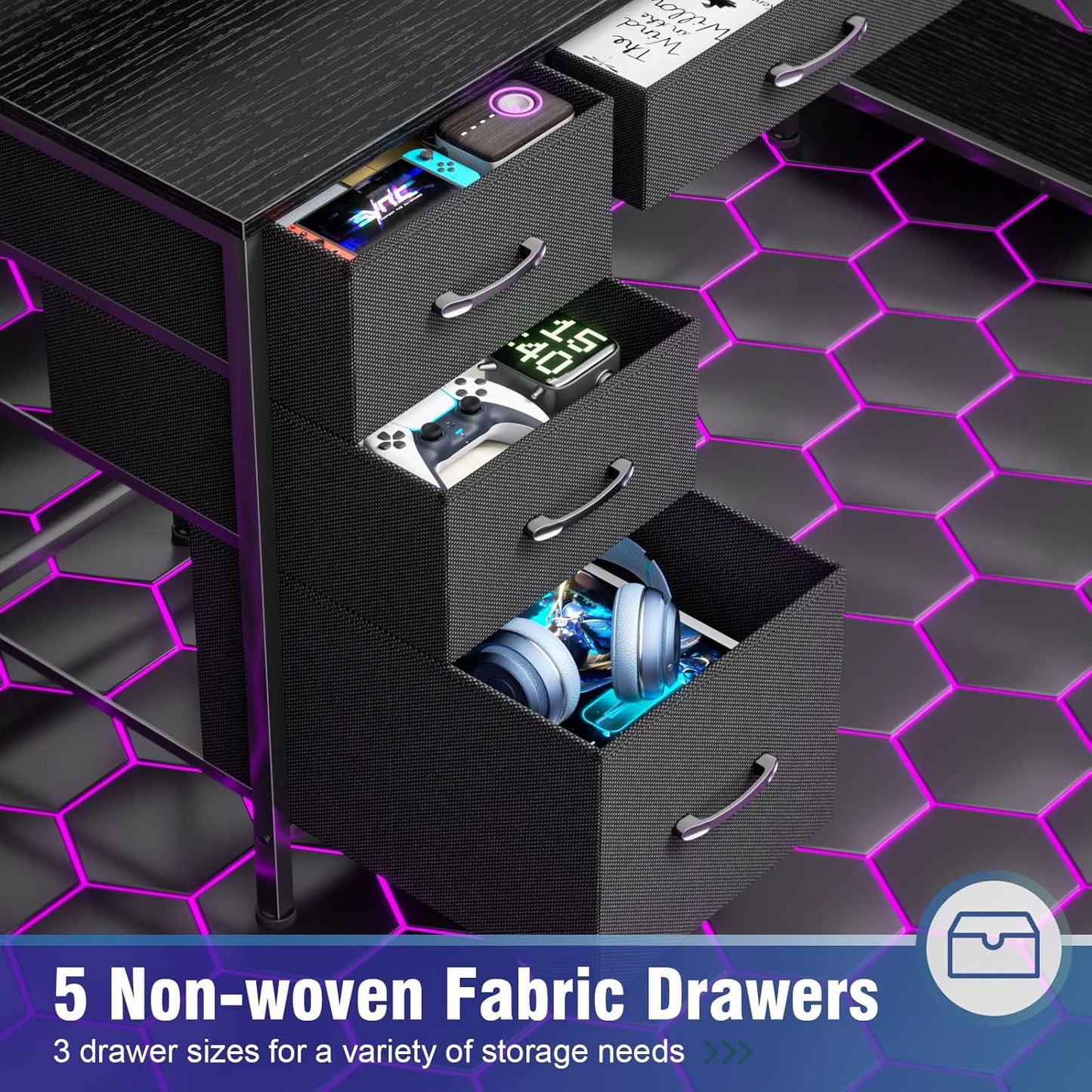 Computer Gaming Desk with Hutch, Home Office Desk with Power Outlets, LED Light, 5 Storage Drawers, 2 Tiers Shelves for Display, 39 Inch Modern Study Writing Table for Bedroom, Black