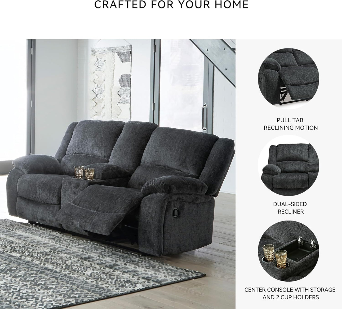Signature Design by Ashley Draycoll Contemporary Double Reclining Manual Loveseat with Center Console, Dark Gray