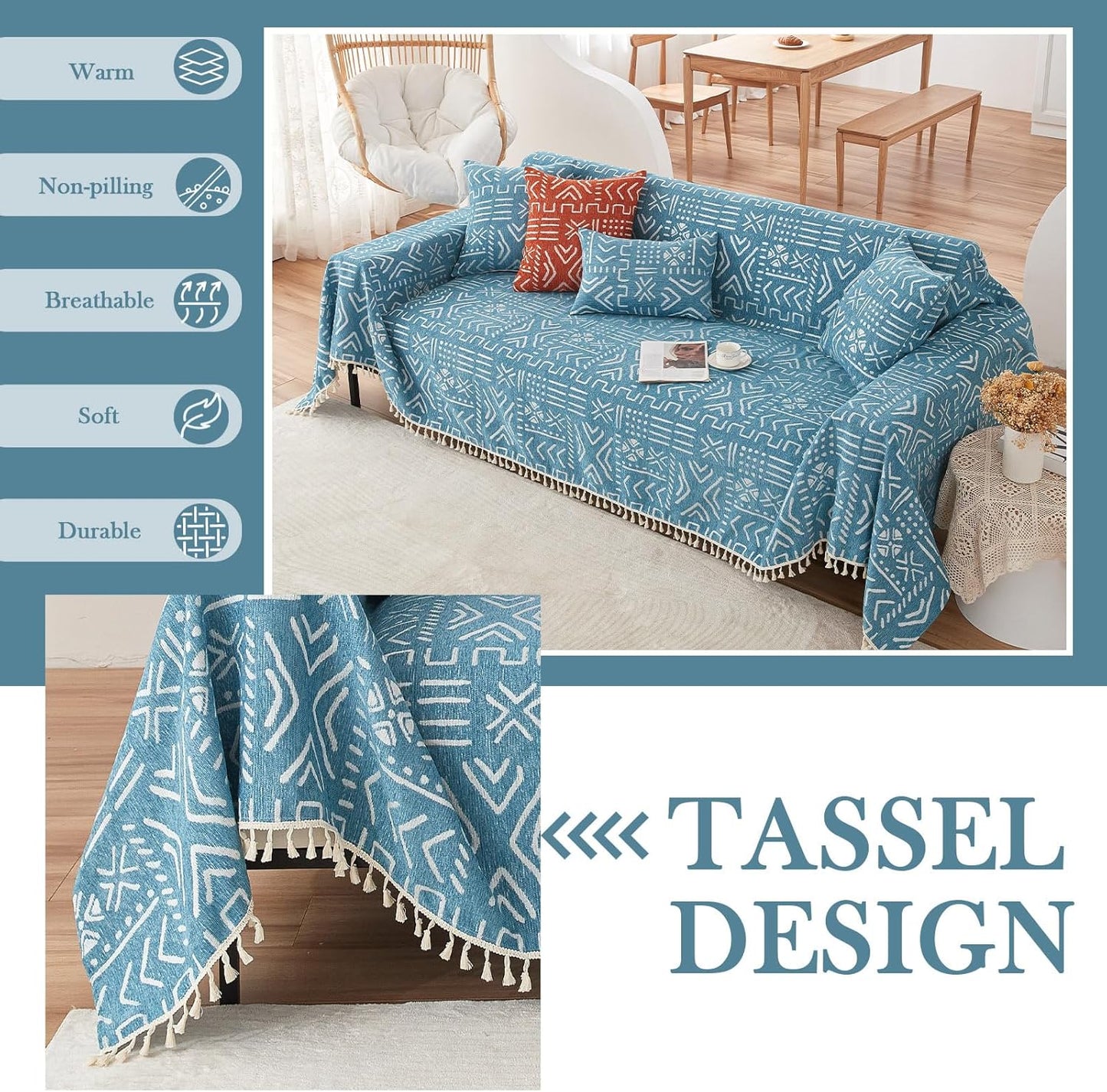 HANDONTIME Turquoise Couch Protector for Dogs Boho Tassel Blue Couch Cover Farmhouse Sofa Covers Aztec Tribal Couch Covers for 3 Cushion Couch Sofa Universal Sofa Slipcover for Home décor, 71" X134"
