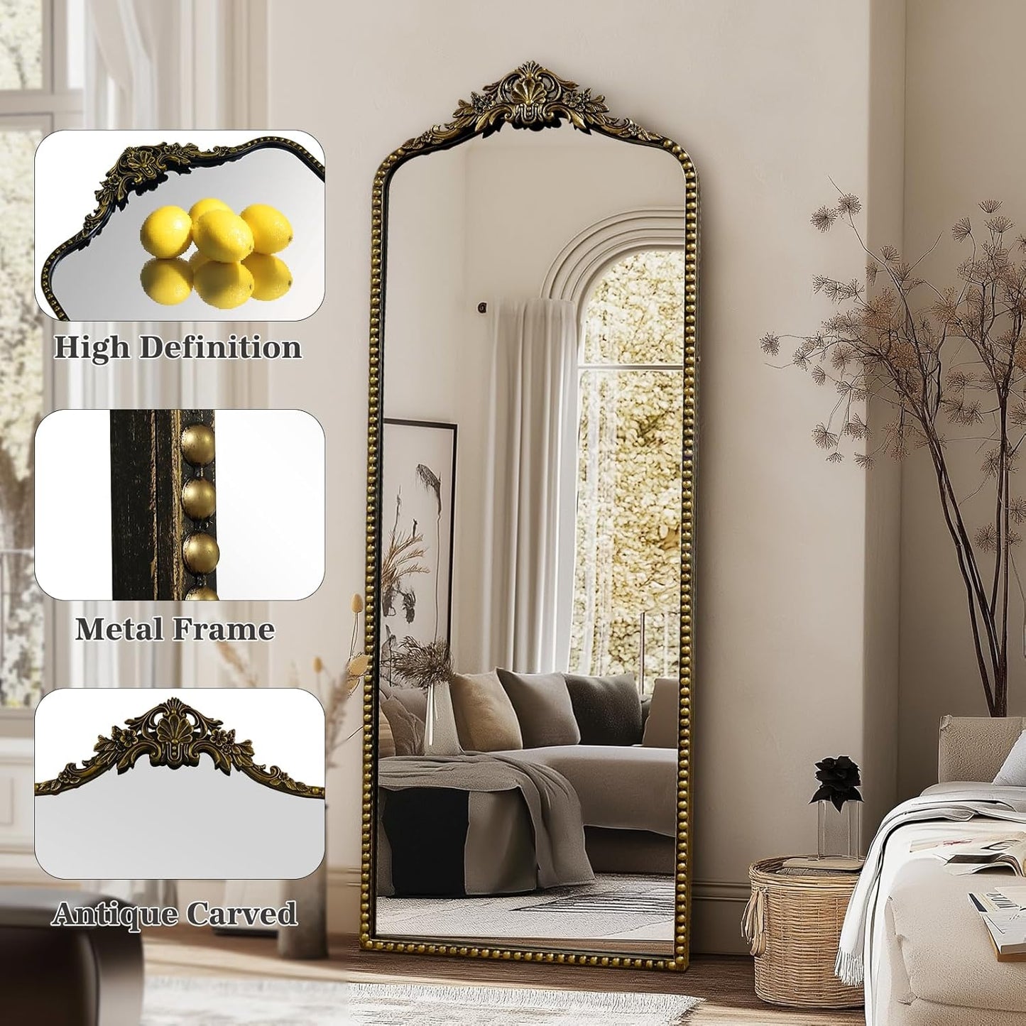 G-LEAF Vintage Baroque Full Length Floor Mirror 22"X65", Victorian Antique Mirror with Black Brush Gold Ornate Metal Frame for Fireplace Entryway Living Room Hallway Bathroom