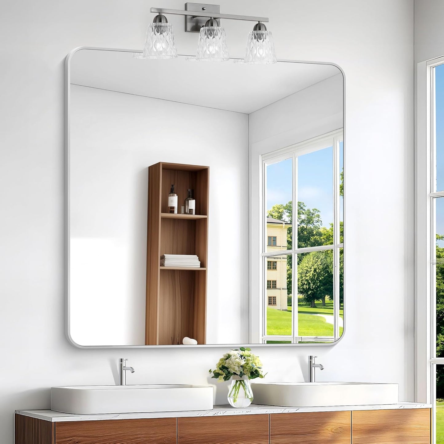 BONEWEI Silver Bathroom Mirror,48x48 inch Wall Mirror for Bathroom Wall Mounted,Rectangle Mirror for Bathroom Over Sink,Modern Frame Round Corner for Living Room,Bedroom Entryway,Horizontal/Vertical