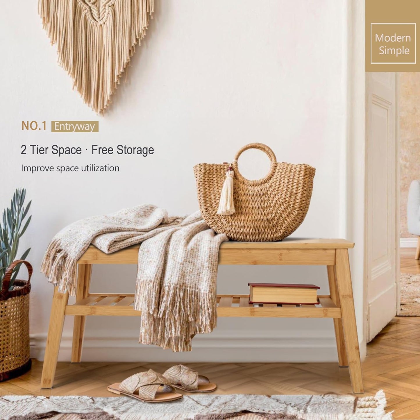 Nnewvante 33.46" Bamboo Entryway Bench, 2 Tier Indoor Storage Bench, Wood Bench for Living Room, Dining Room, Bedroom, Hallway, Holds up to 300lbs