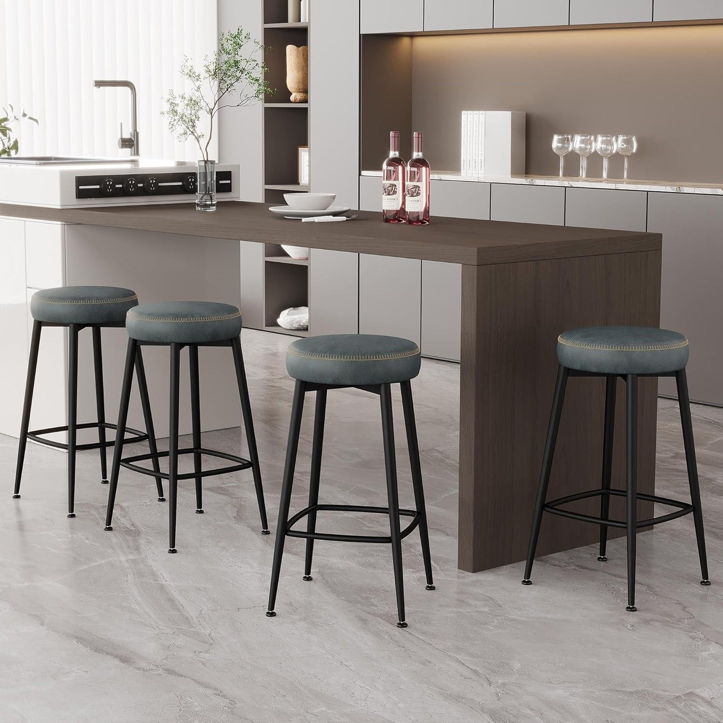 Counter Height Bar Stools, 26" H Backless Bar Stools Set of 4, Upholstered Faux Leather Kitchen Counter Stools, Mid Century Modern, Kitchen Island Home Bar, Pub, Black Blue